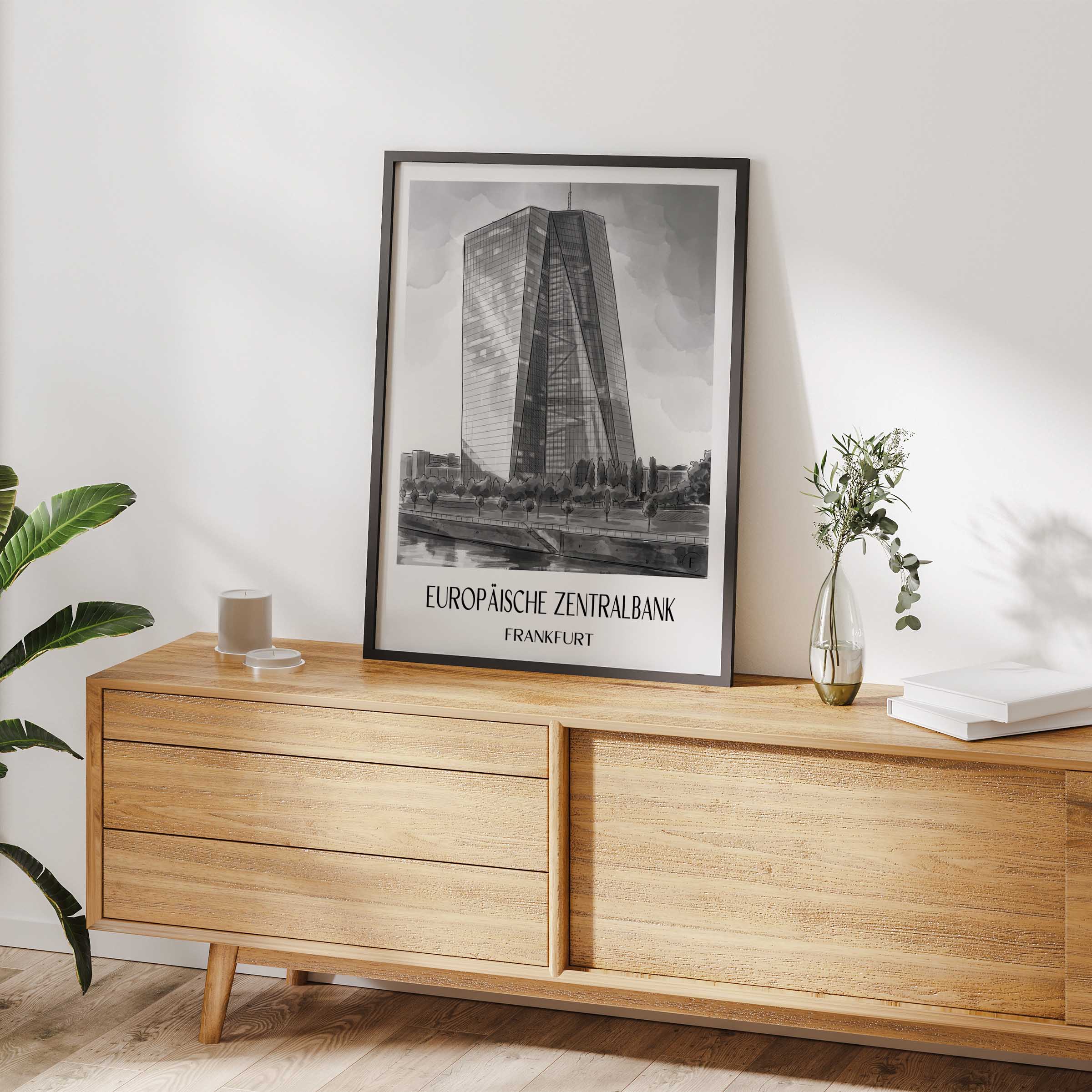 europäische-zentralbank-frankfurt-deutschland-poster-aquarell-schwarz-weiss