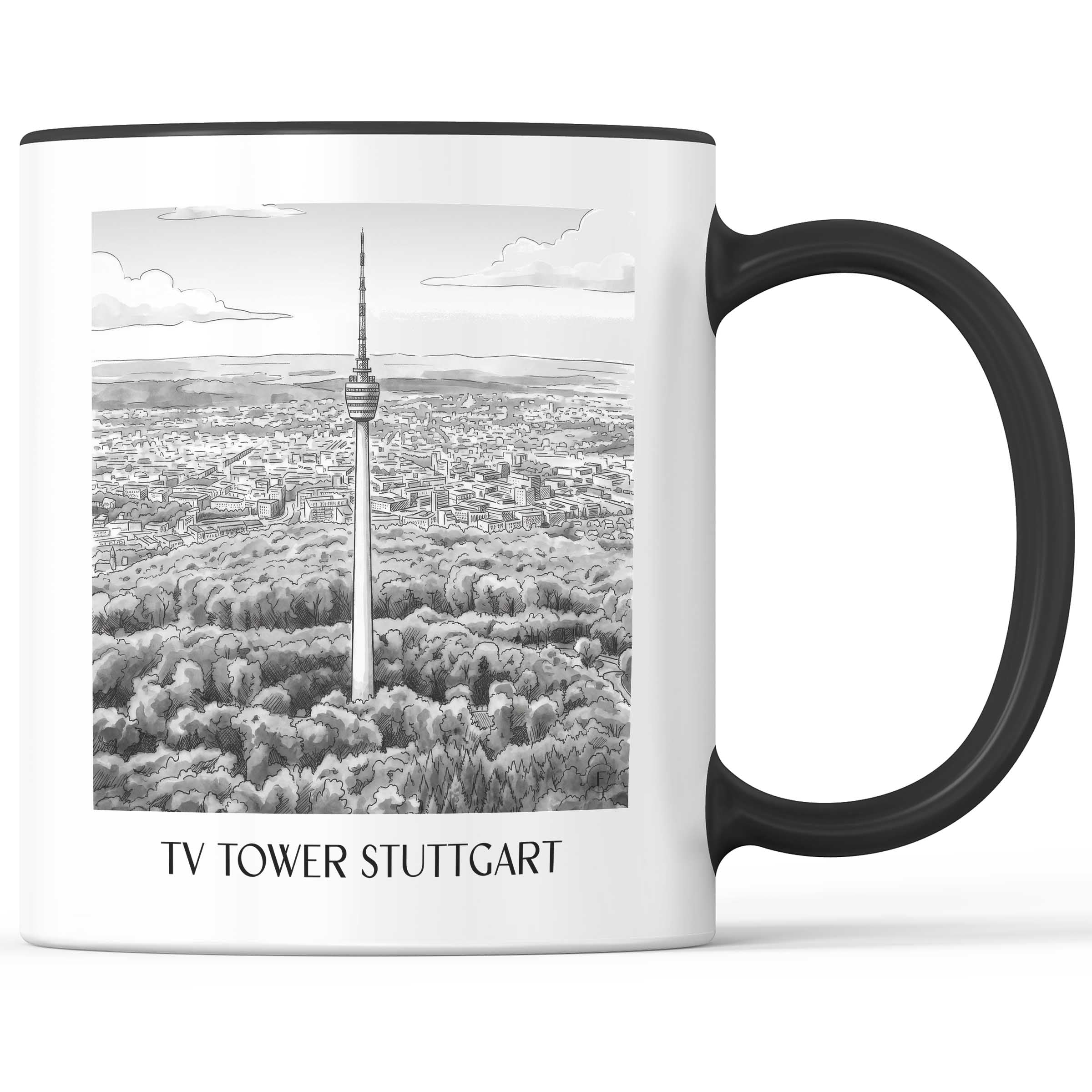 Fernsehturm Kaffeebecher - Stuttgart - Deutschland Becher - Kaffeetasse im Aquarell Schwarz-Weiß Stil