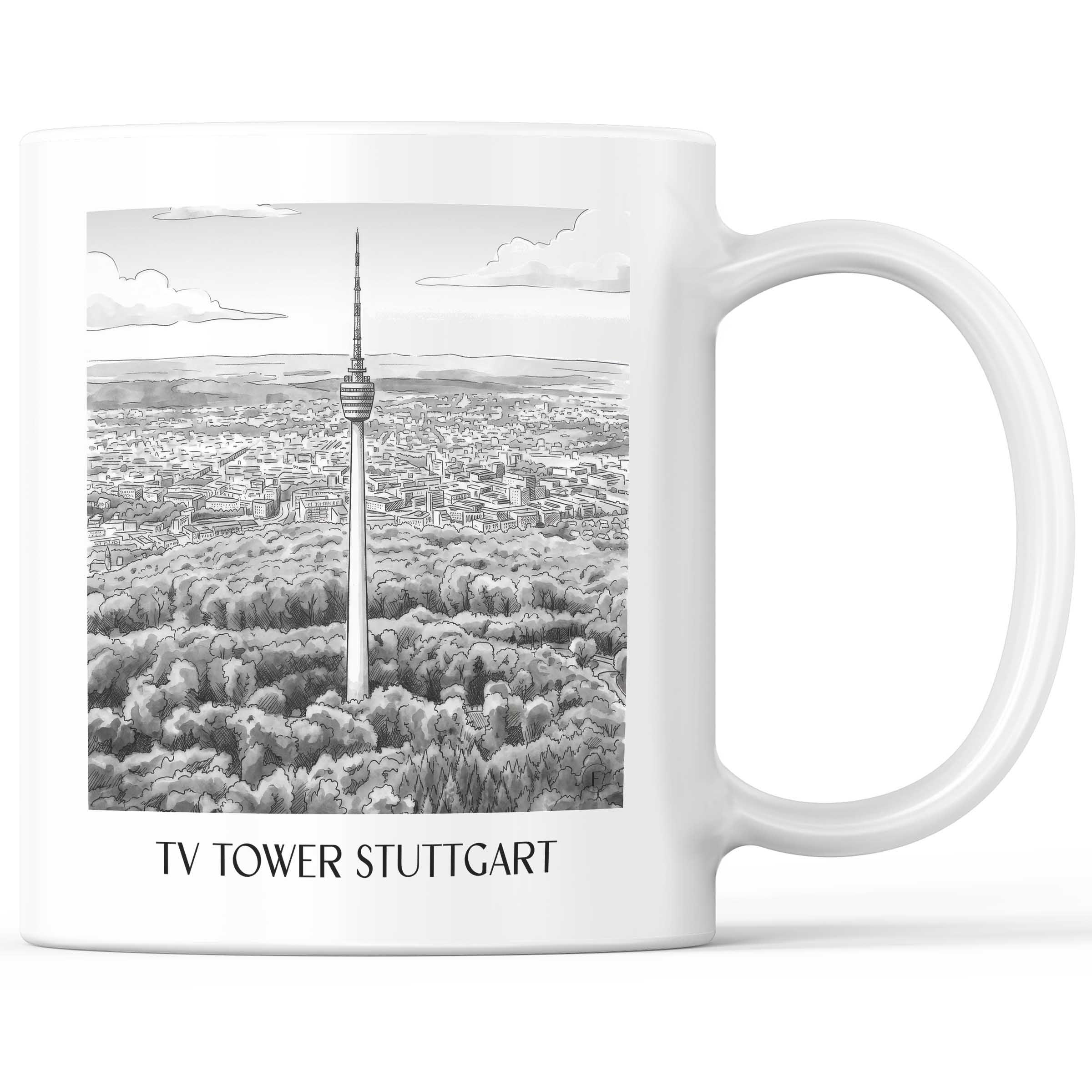 Fernsehturm Kaffeebecher - Stuttgart - Deutschland Becher - Kaffeetasse im Aquarell Schwarz-Weiß Stil