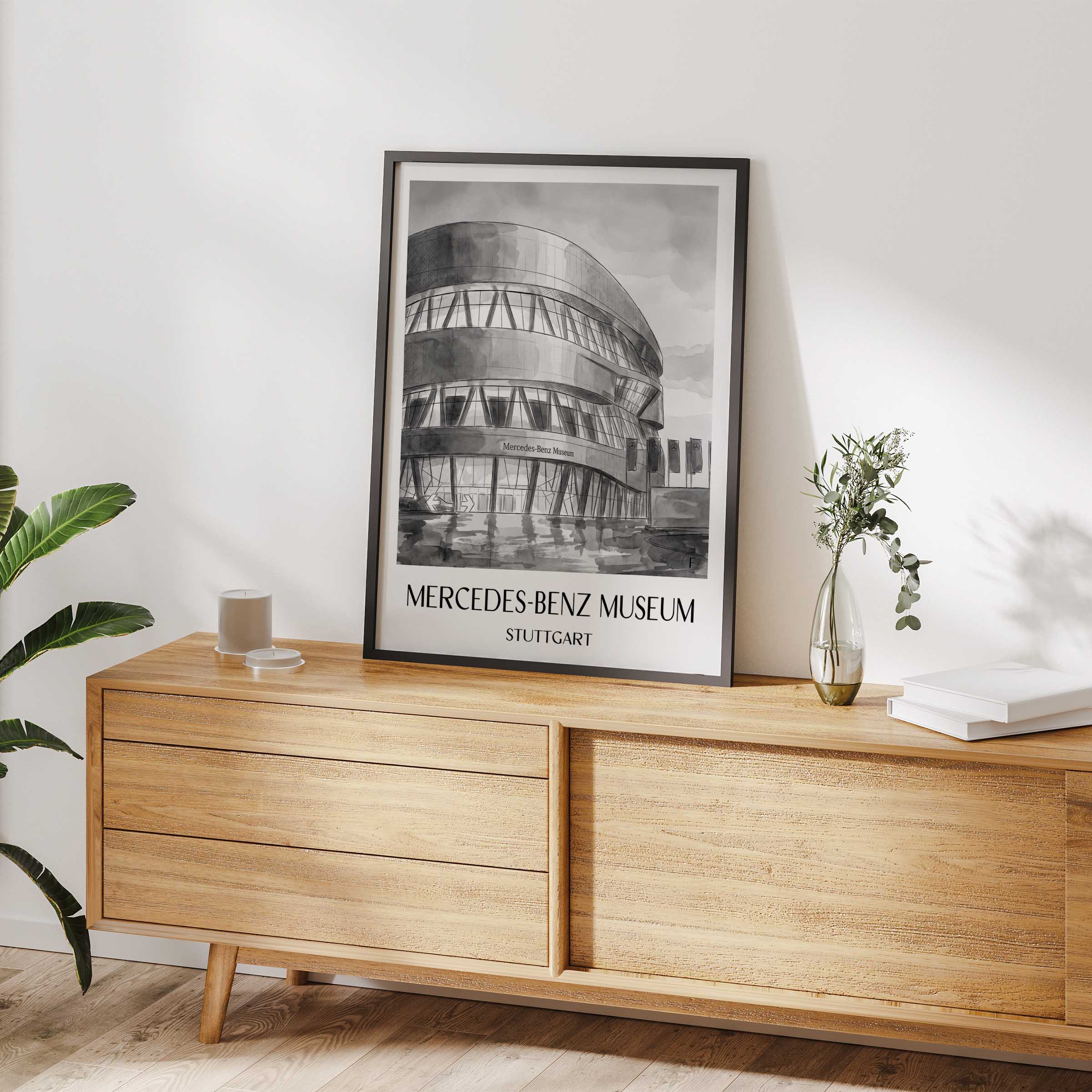 mercedes-benz-museum-stuttgart-deutschland-poster-aquarell-schwarz-weiss