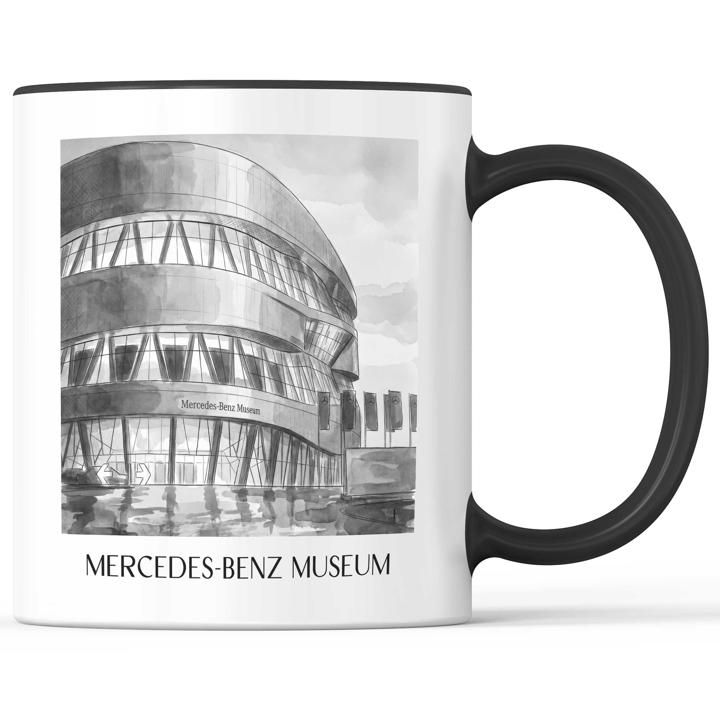 Mercedes-Benz Museum Kaffeebecher - Stuttgart - Deutschland Becher - Kaffeetasse im Aquarell Schwarz-Weiß Stil
