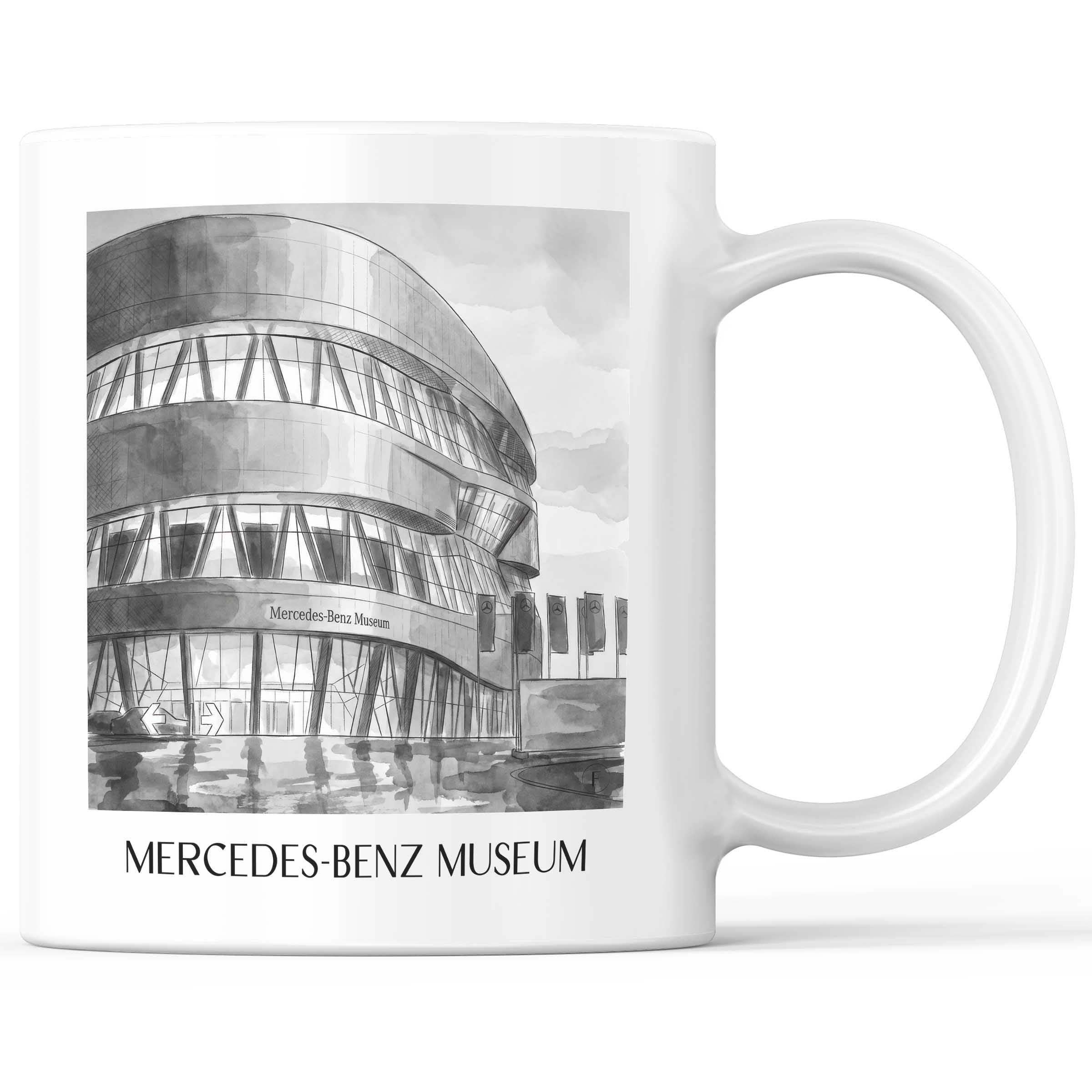 Mercedes-Benz Museum Kaffeebecher - Stuttgart - Deutschland Becher - Kaffeetasse im Aquarell Schwarz-Weiß Stil