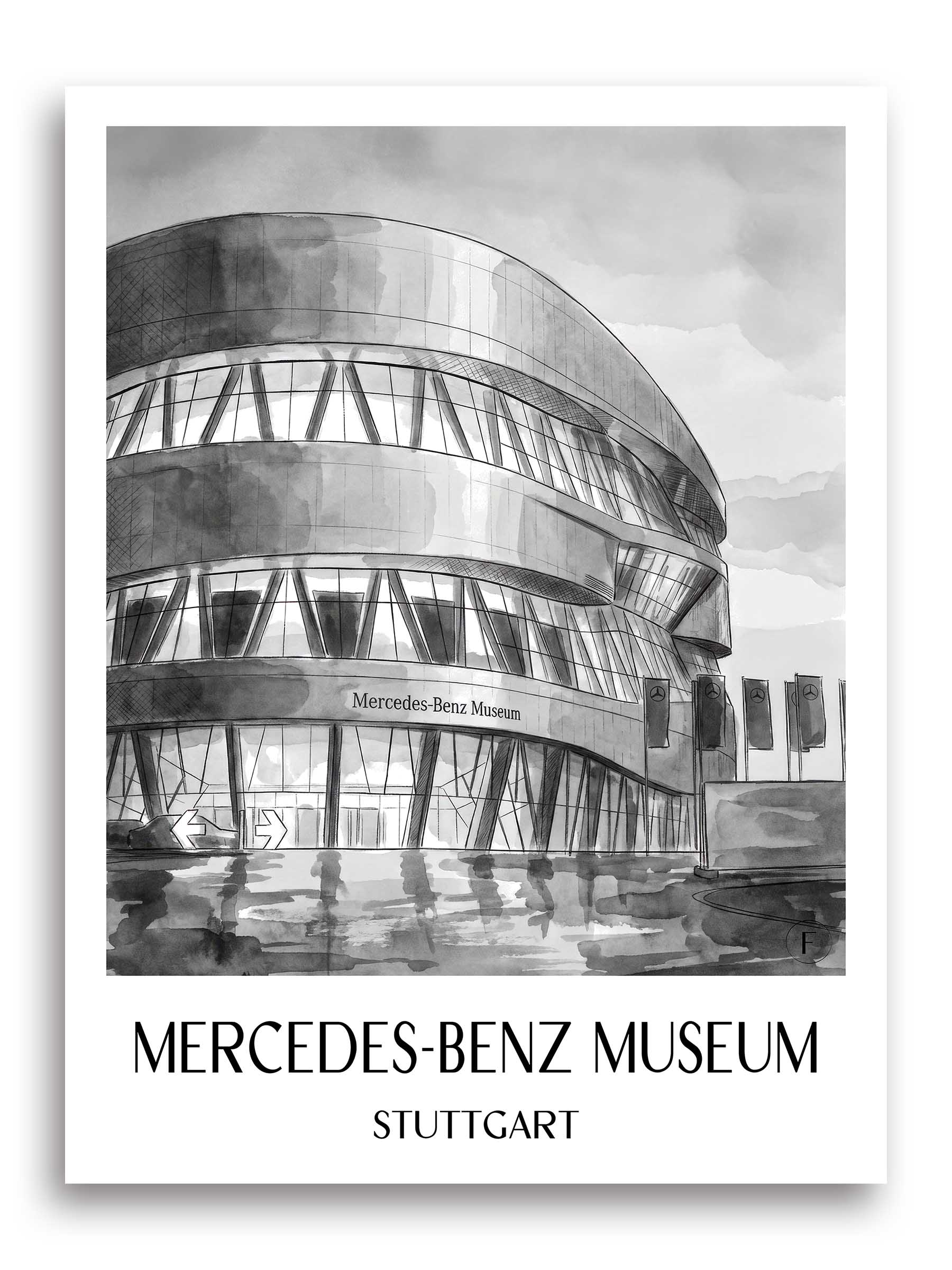 Mercedes-Benz Museum Poster - Stuttgart - Deutschland Kunstdruck - Aquarell Schwarz-Weiß von A4 bis A1