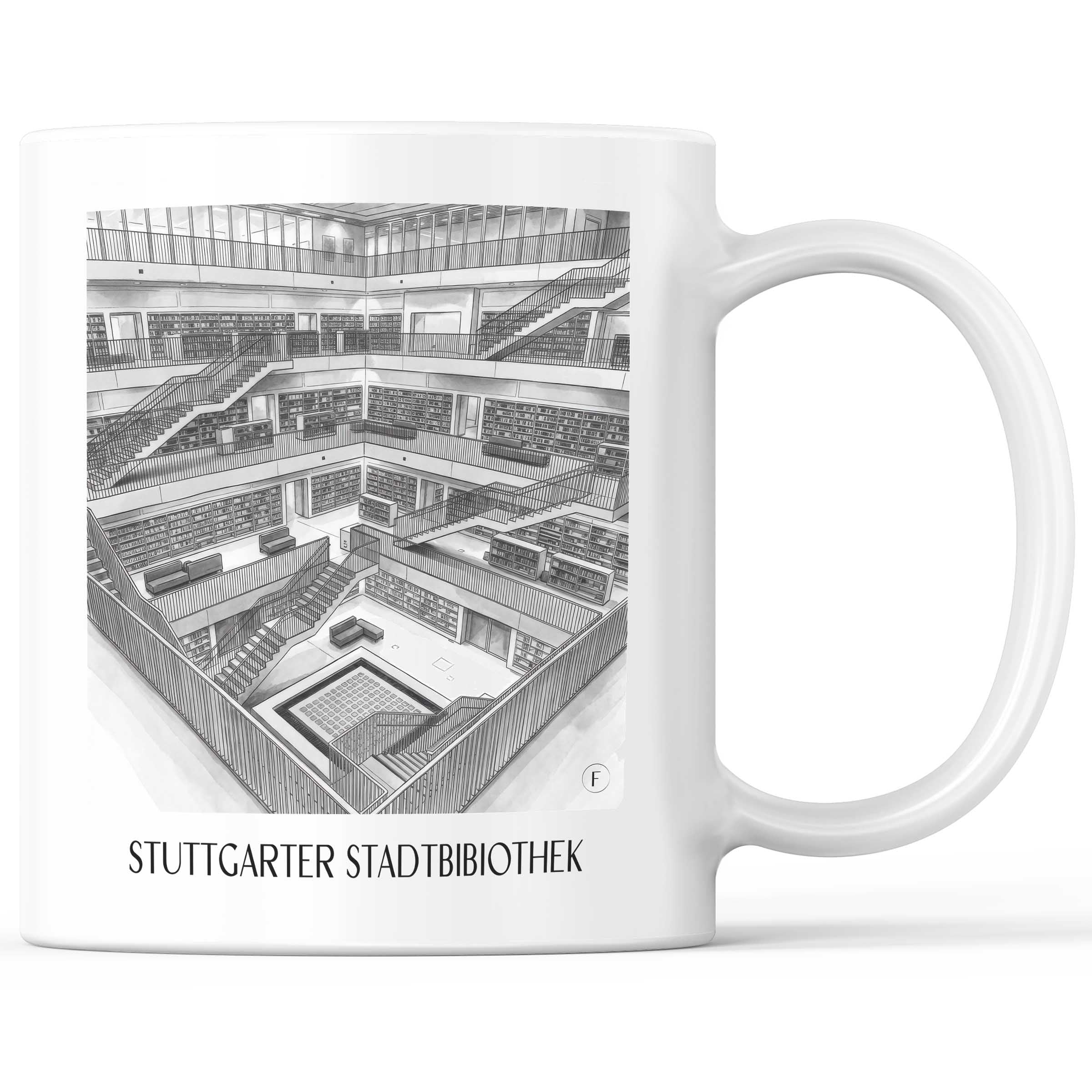 Stadtbibiothek Kaffeebecher - Stuttgart - Deutschland Becher - Kaffeetasse im Aquarell Schwarz-Weiß Stil