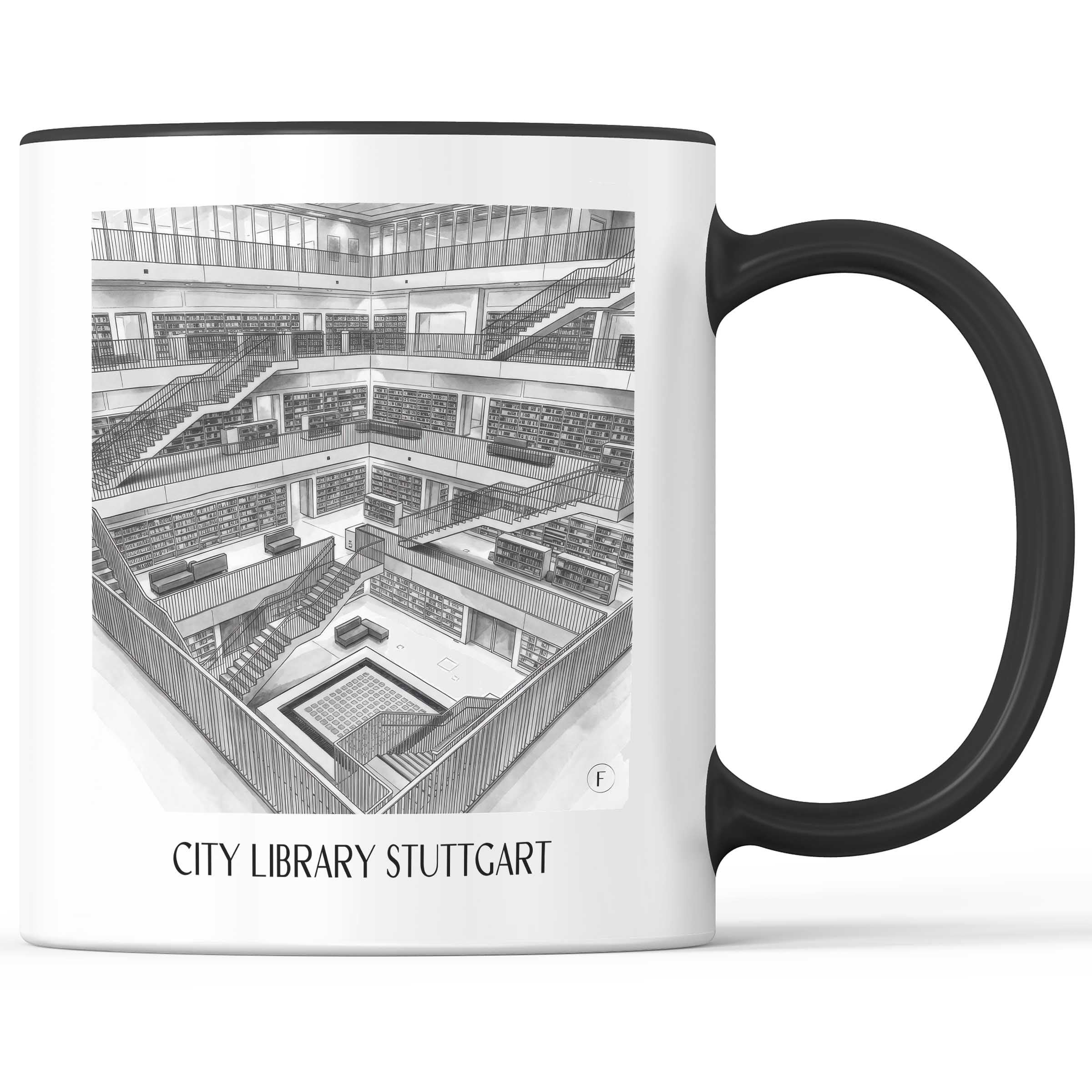 Stadtbibiothek Kaffeebecher - Stuttgart - Deutschland Becher - Kaffeetasse im Aquarell Schwarz-Weiß Stil