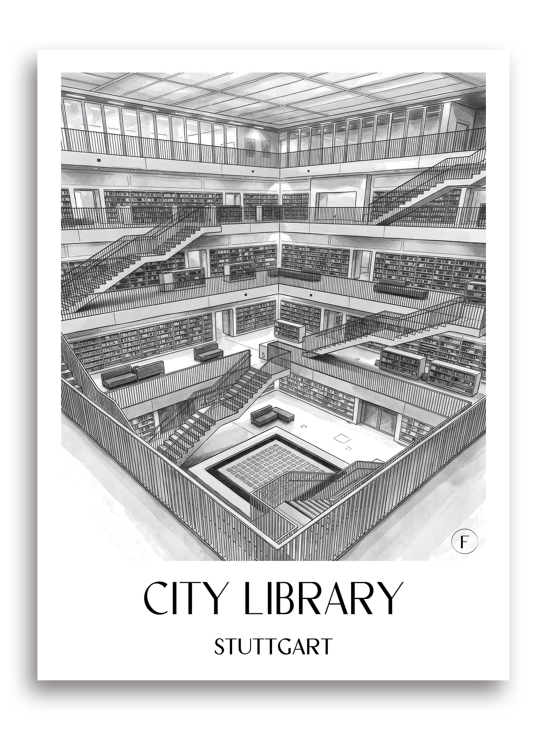 Stadtbibiothek Poster - Stuttgart - Deutschland Kunstdruck - Aquarell Schwarz-Weiß von A4 bis A1