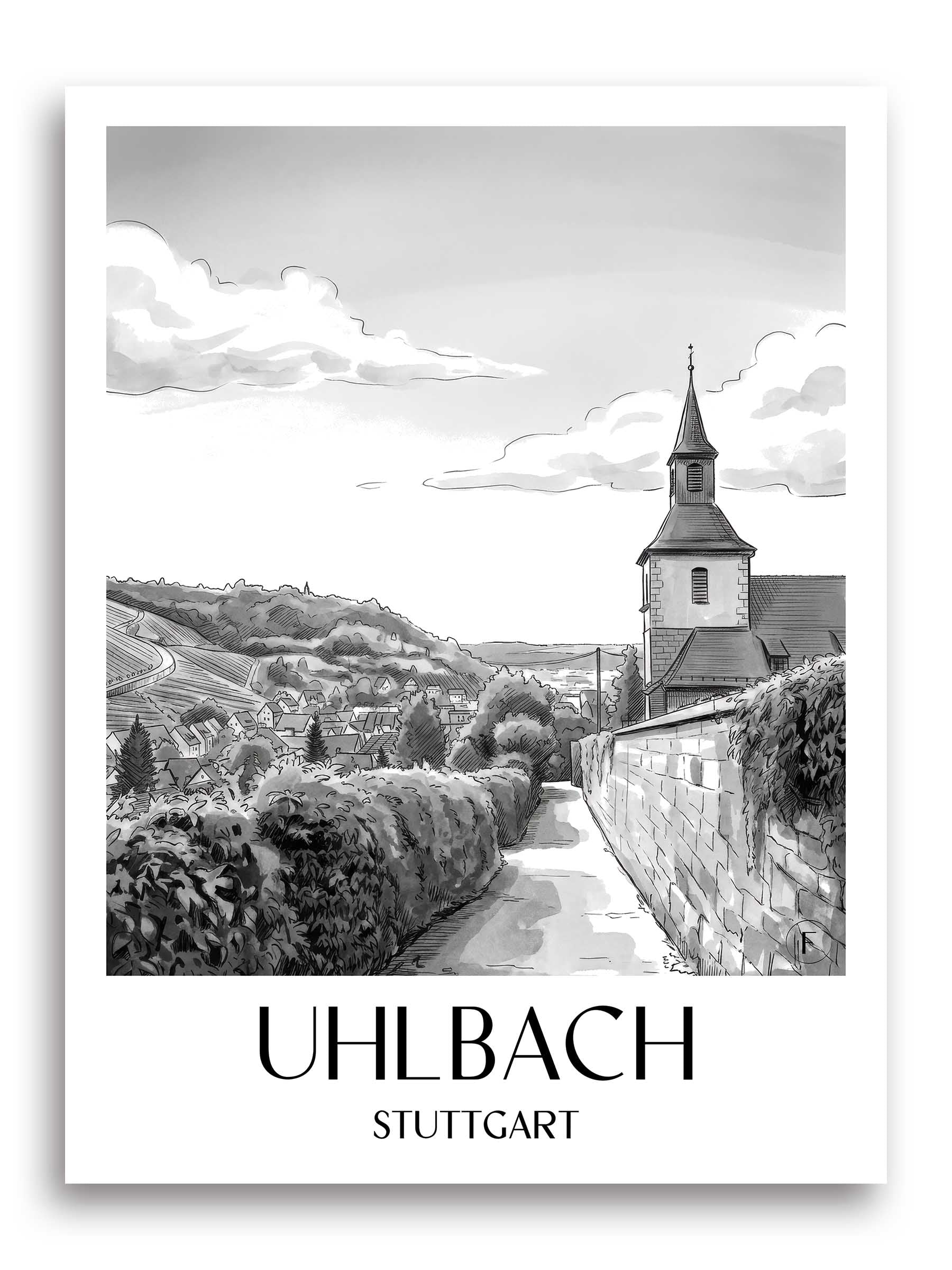 Uhlbach Poster - Stuttgart - Deutschland Kunstdruck - Aquarell Schwarz-Weiß von A4 bis A1