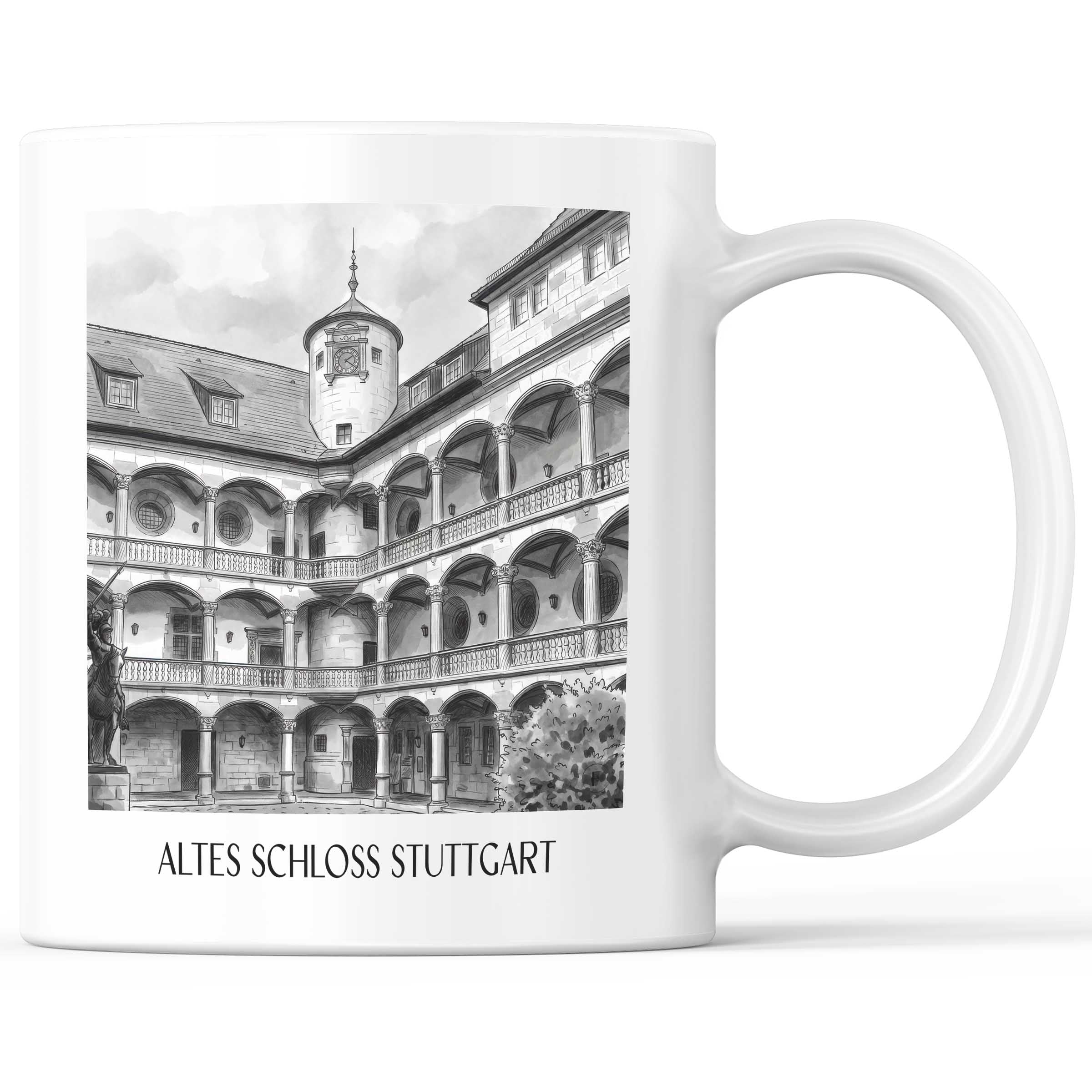 Altes Schloss Kaffeebecher - Stuttgart - Deutschland Becher - Kaffeetasse im Aquarell Schwarz-Weiß Stil