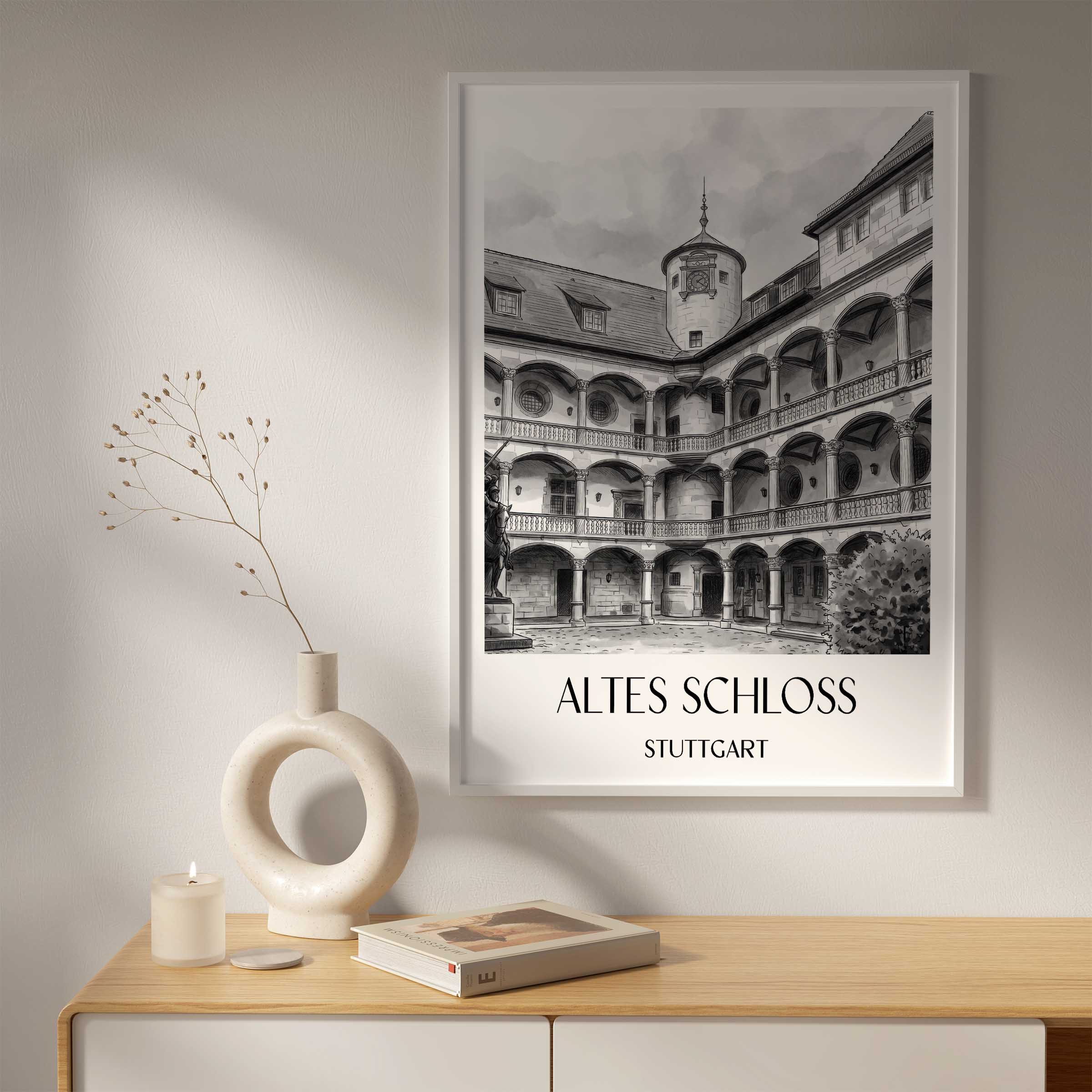 altes-schloss-stuttgart-deutschland-poster-aquarell-schwarz-weiss