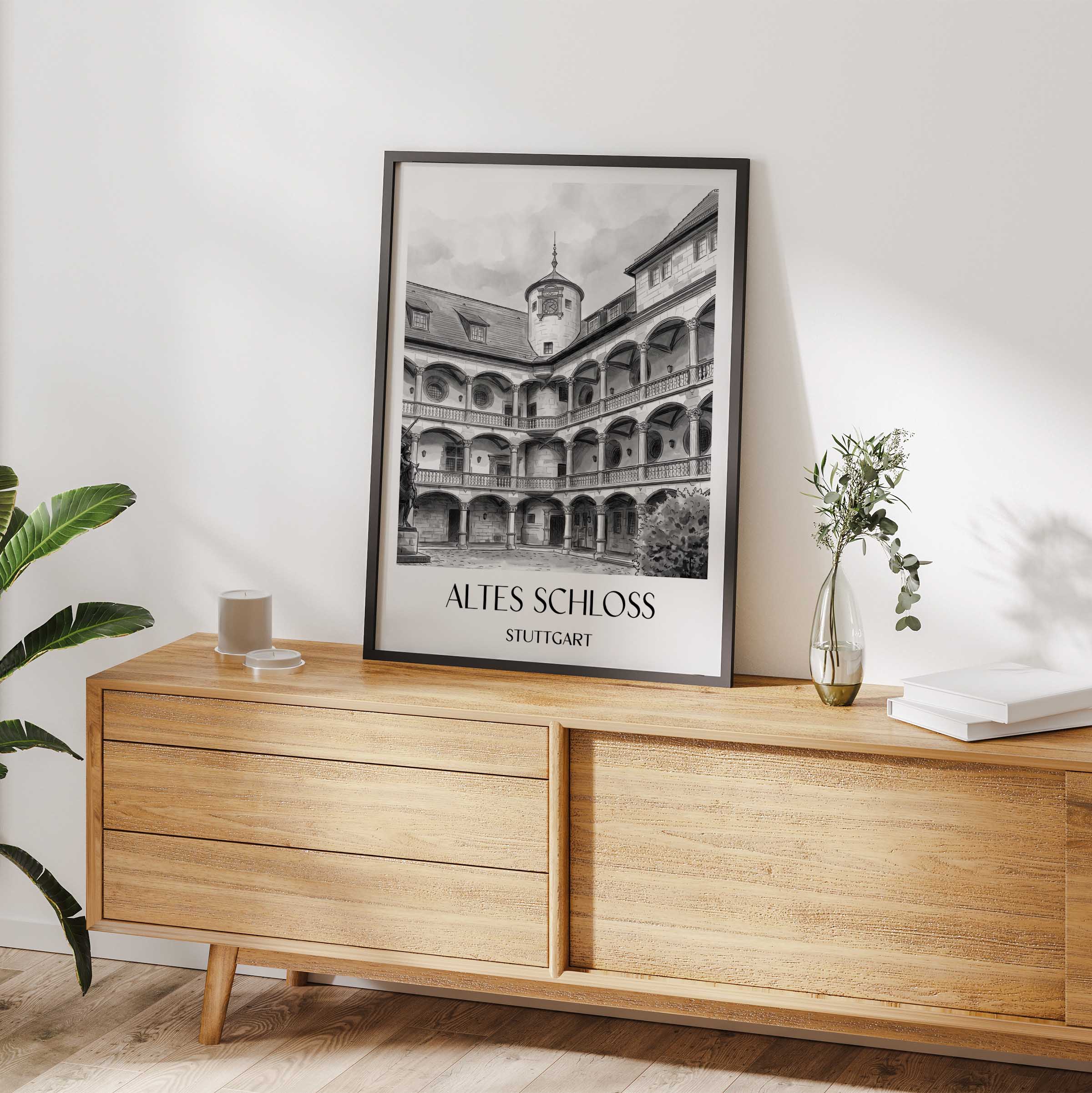 altes-schloss-stuttgart-deutschland-poster-aquarell-schwarz-weiss