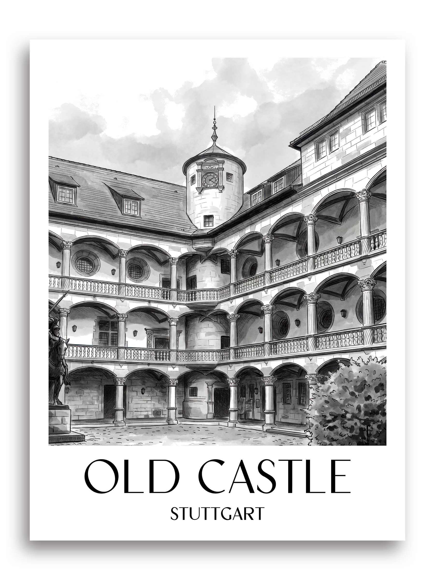 Altes Schloss Poster - Stuttgart - Deutschland Kunstdruck - Aquarell Schwarz-Weiß von A4 bis A1