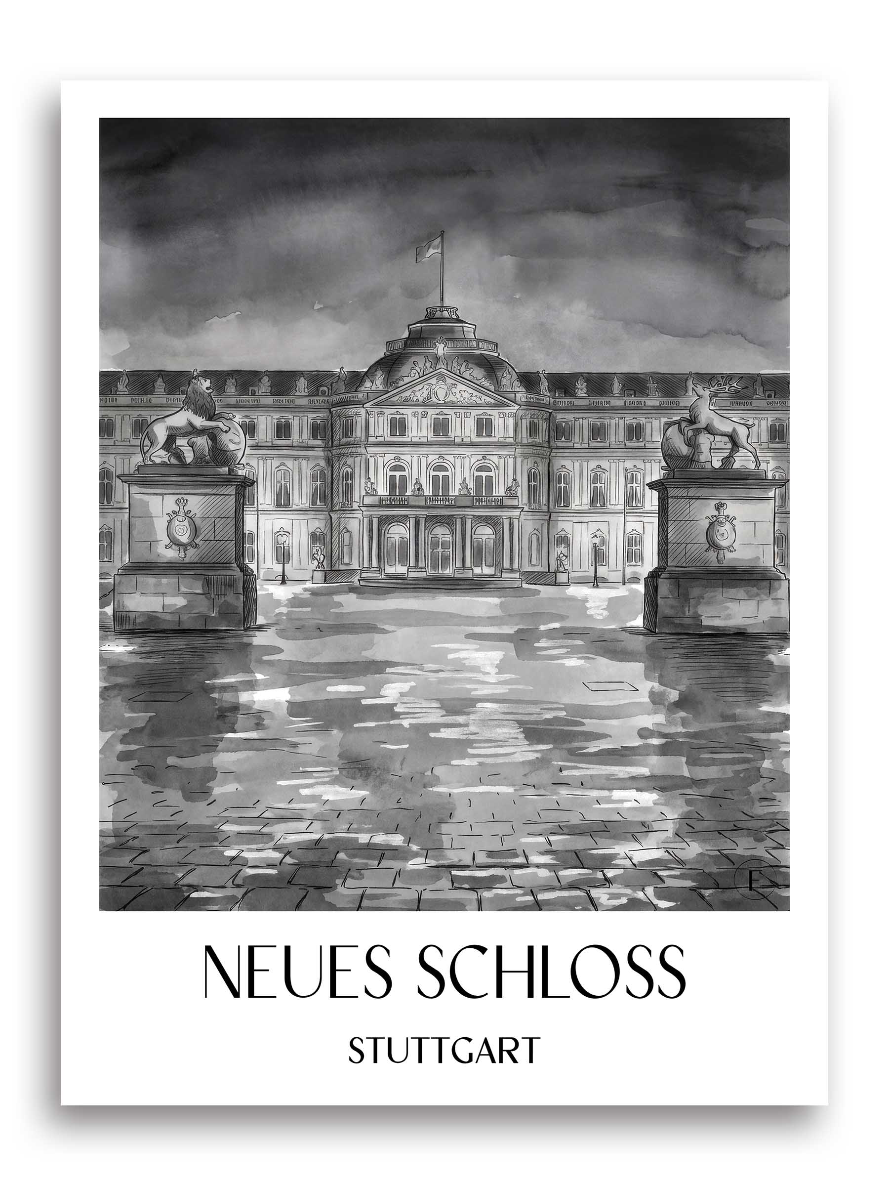 neues-schloss-stuttgart-deutschland-poster-aquarell-schwarz-weiss