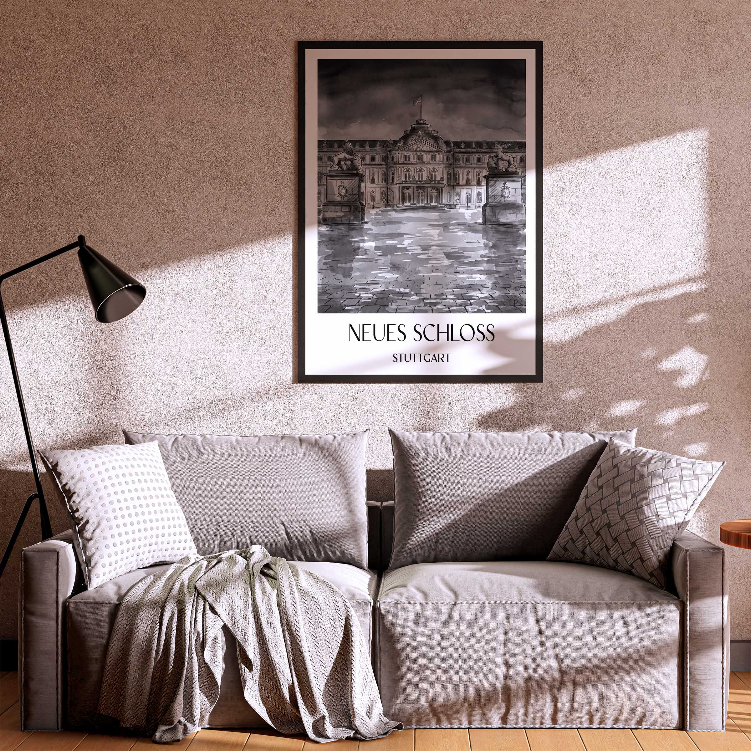 neues-schloss-stuttgart-deutschland-poster-aquarell-schwarz-weiss