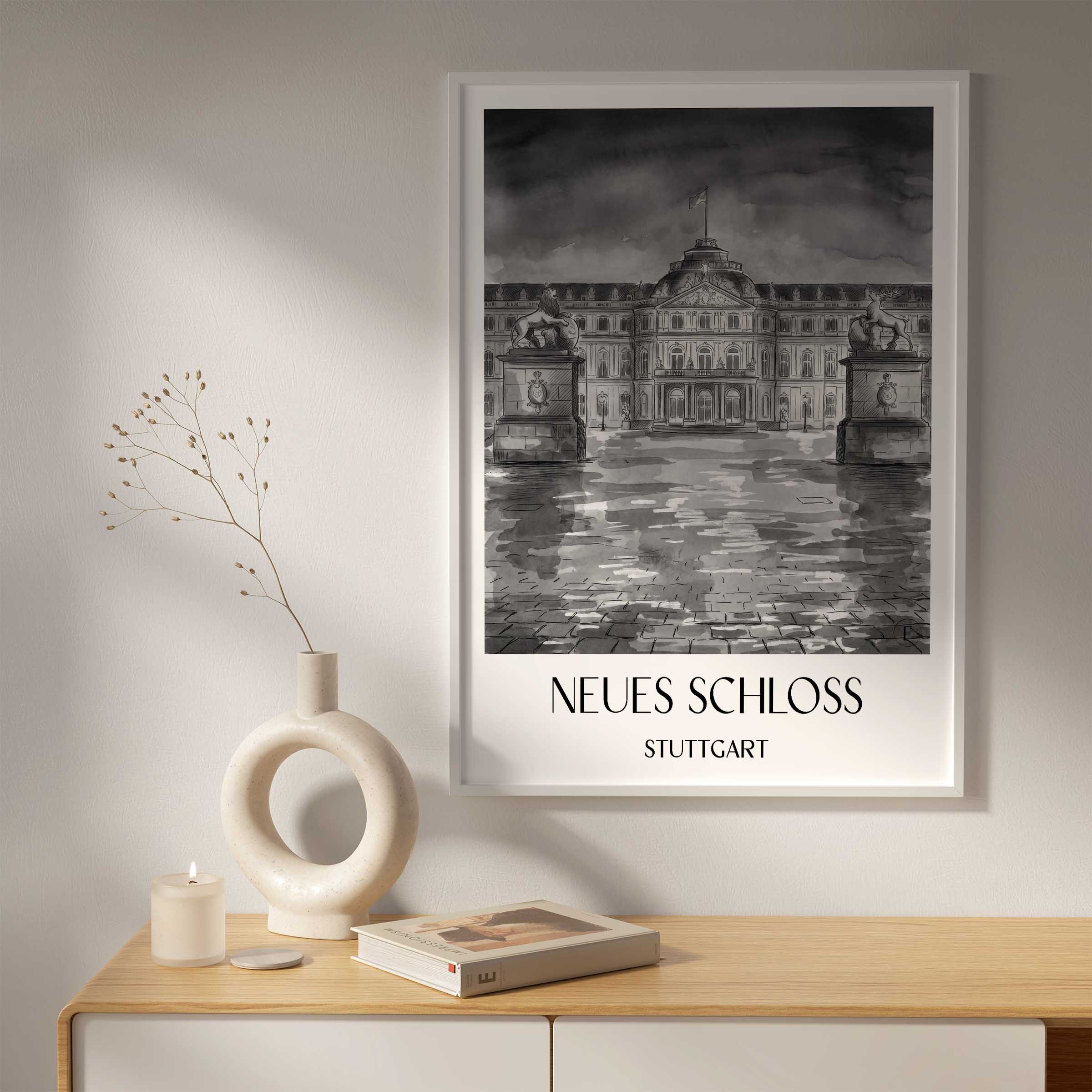 neues-schloss-stuttgart-deutschland-poster-aquarell-schwarz-weiss