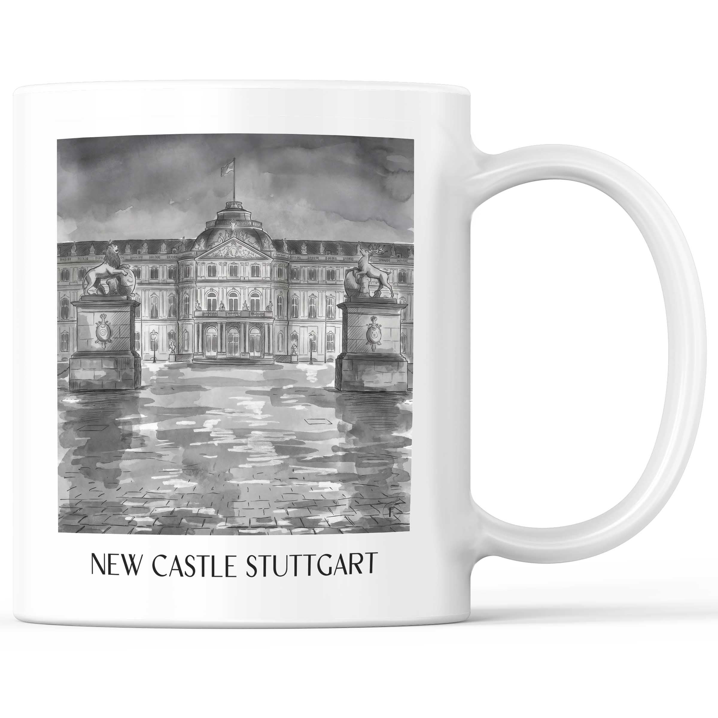 Neues Schloss Kaffeebecher - Stuttgart - Deutschland Becher - Kaffeetasse im Aquarell Schwarz-Weiß Stil