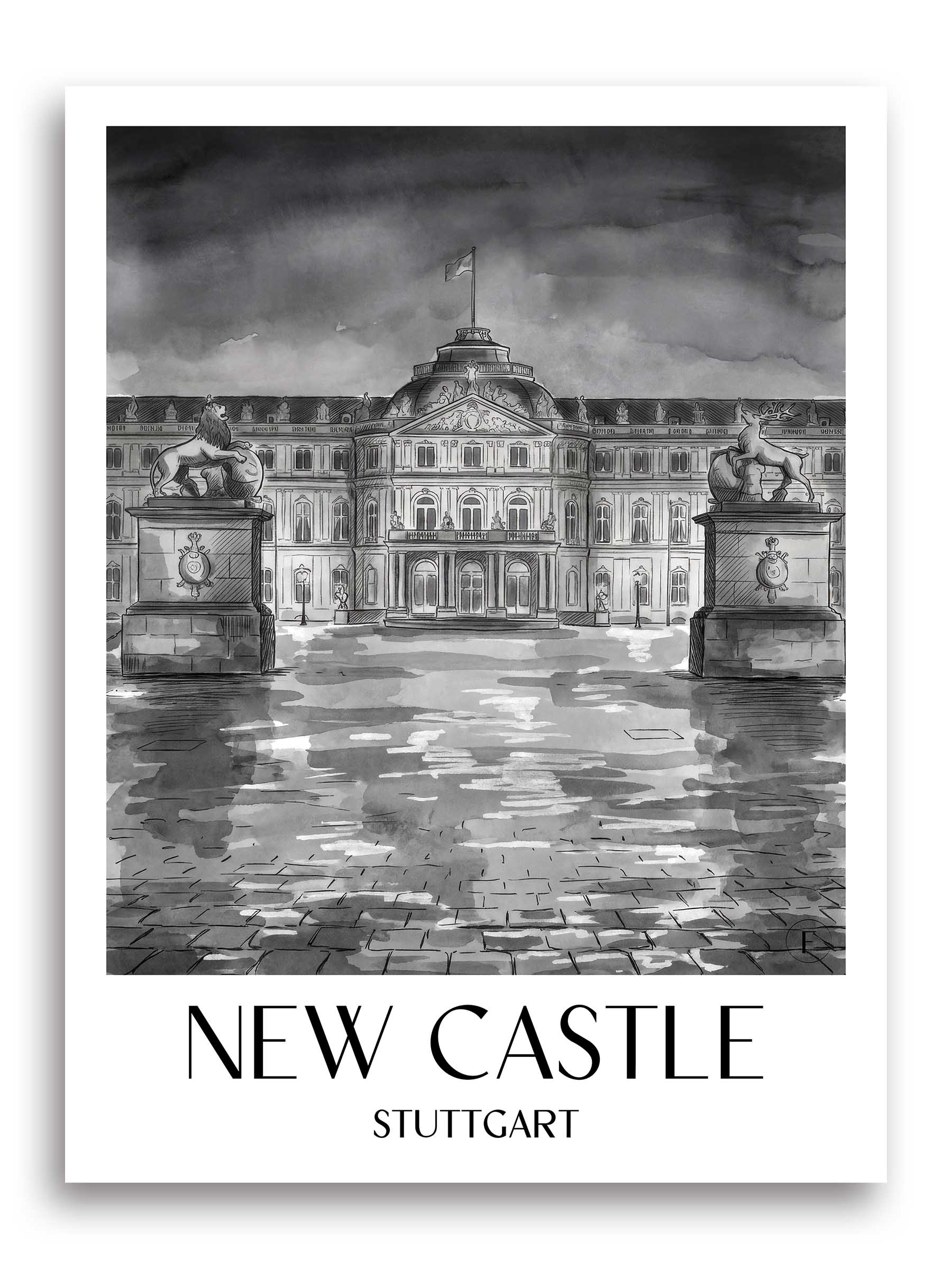 Neues Schloss Poster - Stuttgart - Deutschland Kunstdruck - Aquarell Schwarz-Weiß von A4 bis A1