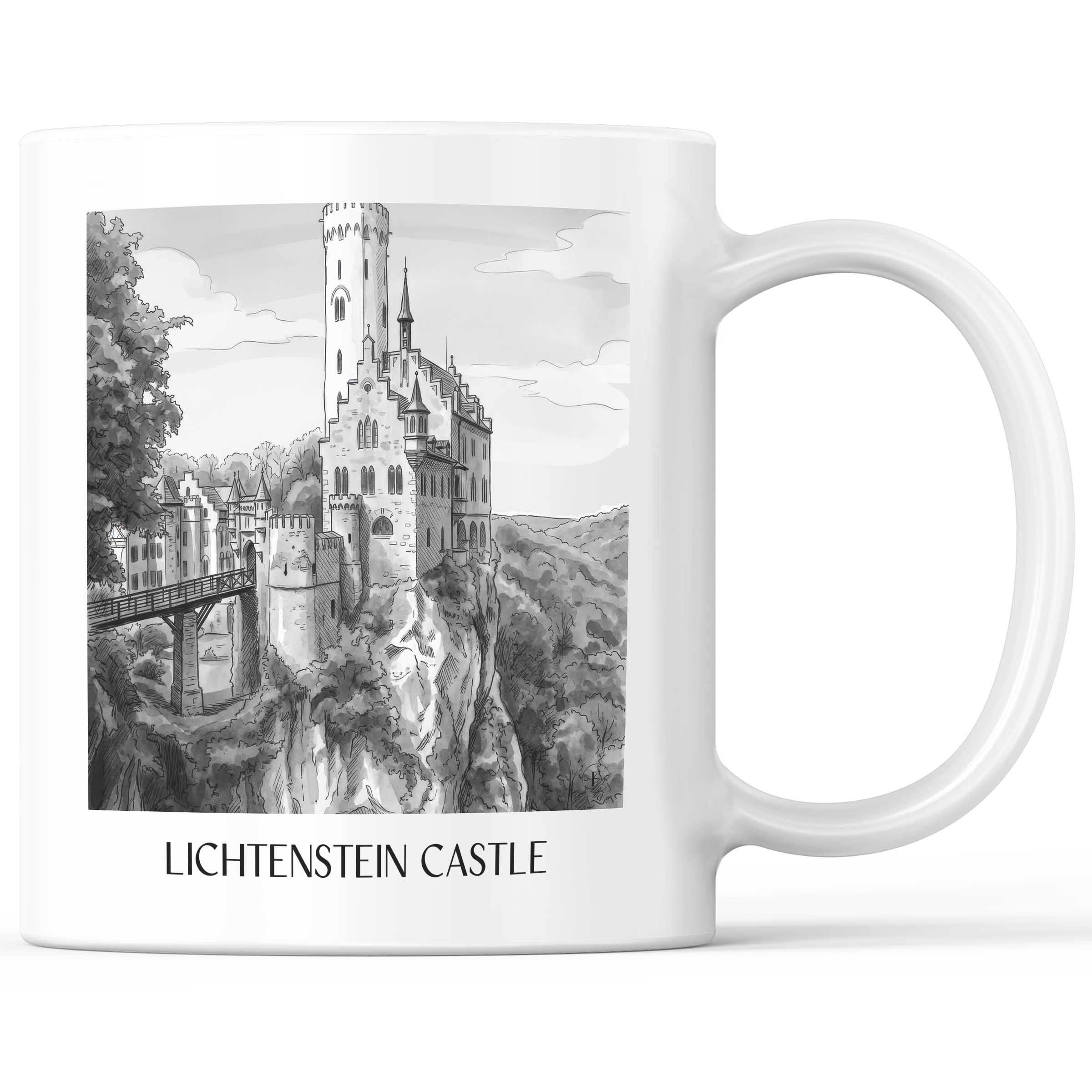 Schloss Lichtenstein Kaffeebecher - Reutlingen - Deutschland Becher - Kaffeetasse im Aquarell Schwarz-Weiß Stil