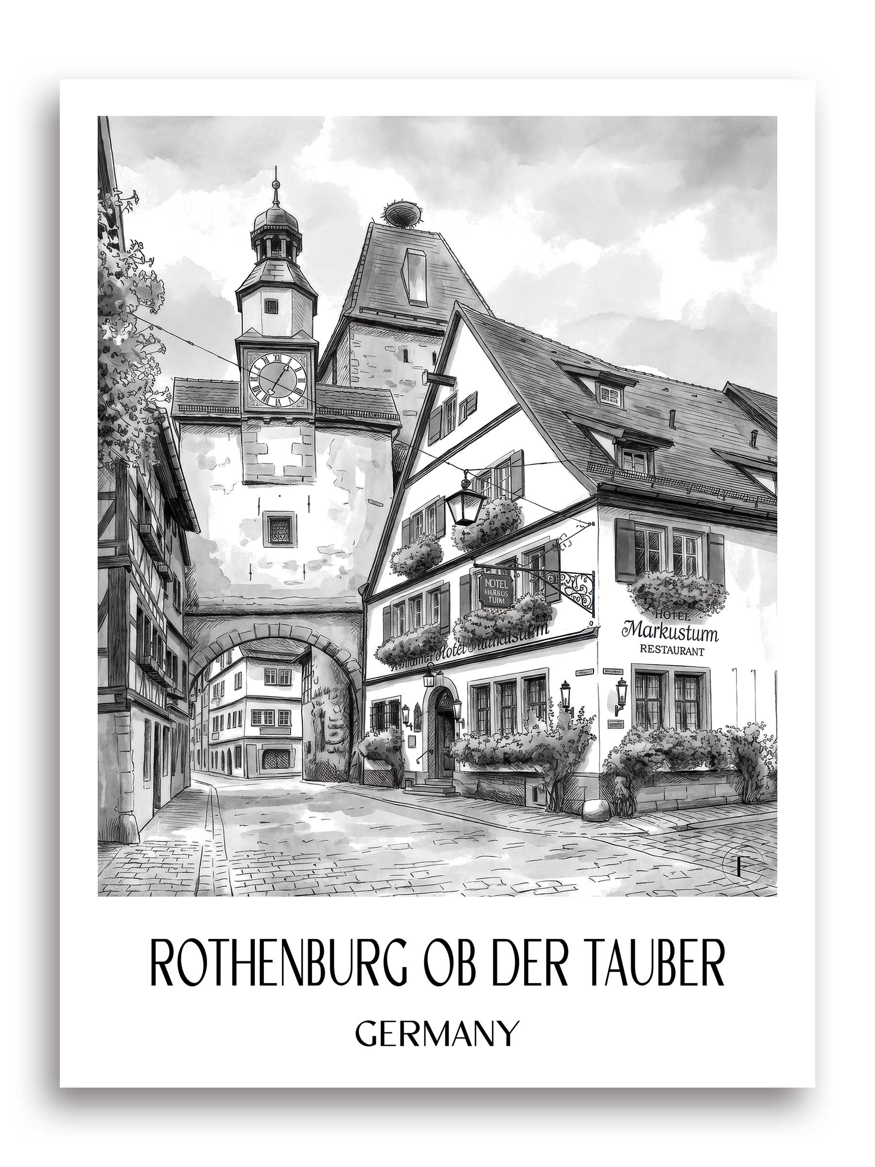 Rothenburg ob der Tauber Poster - - Deutschland Kunstdruck - Aquarell Schwarz-Weiß von A4 bis A1