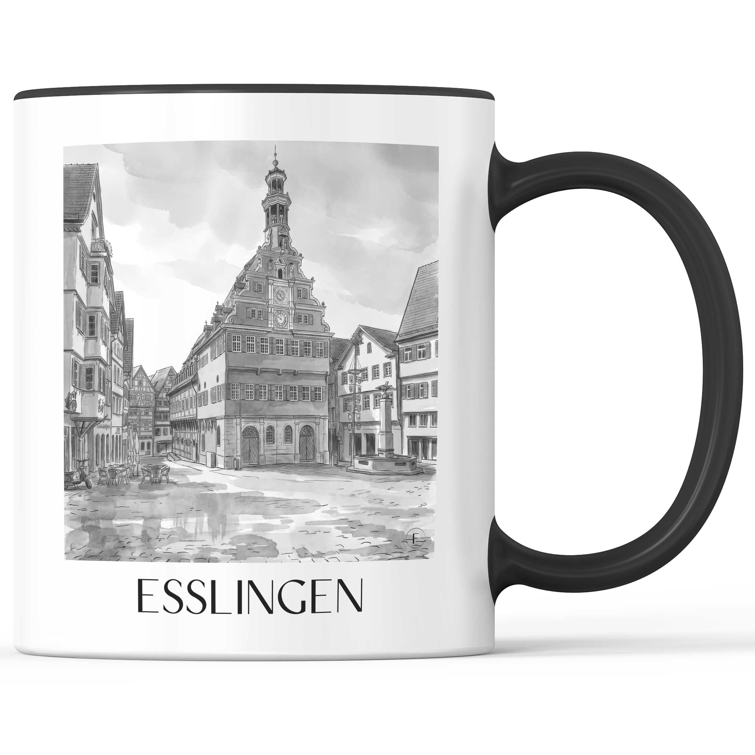 esslingen-deutschland-kaffeebecher-aquarell-schwarz-weiss