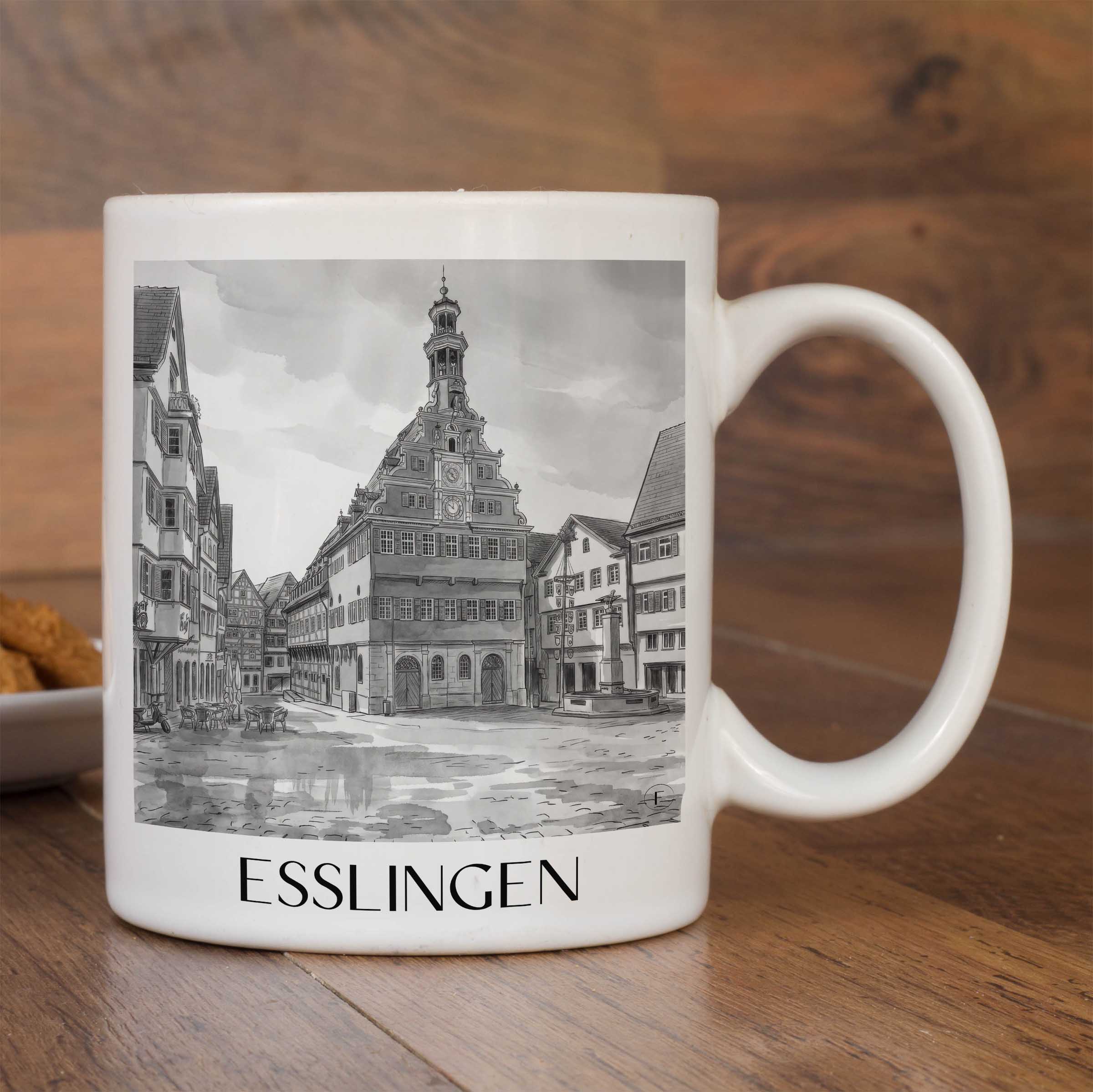 esslingen-deutschland-kaffeebecher-aquarell-schwarz-weiss