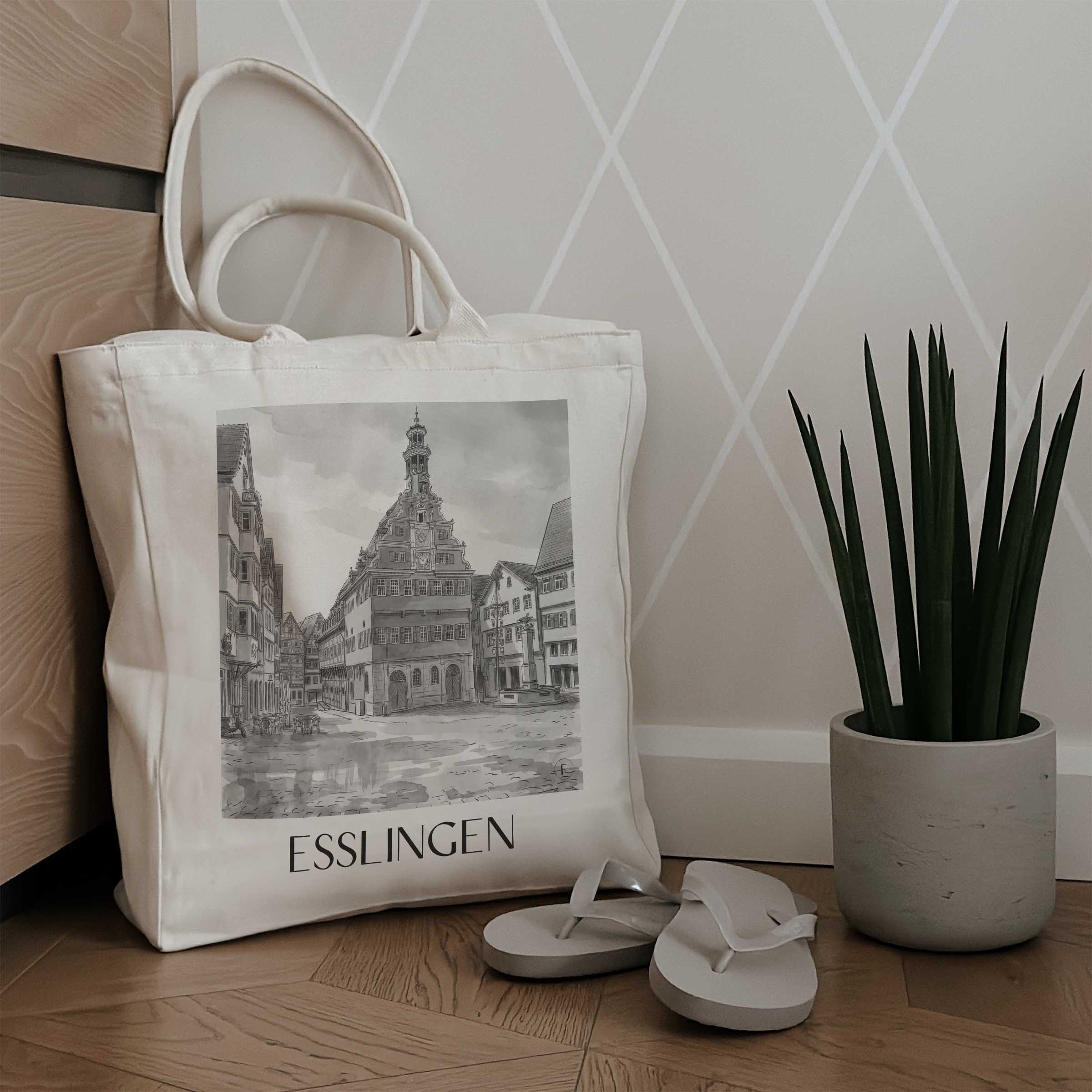 esslingen-deutschland-einkaufstasche-aquarell-schwarz-weiss