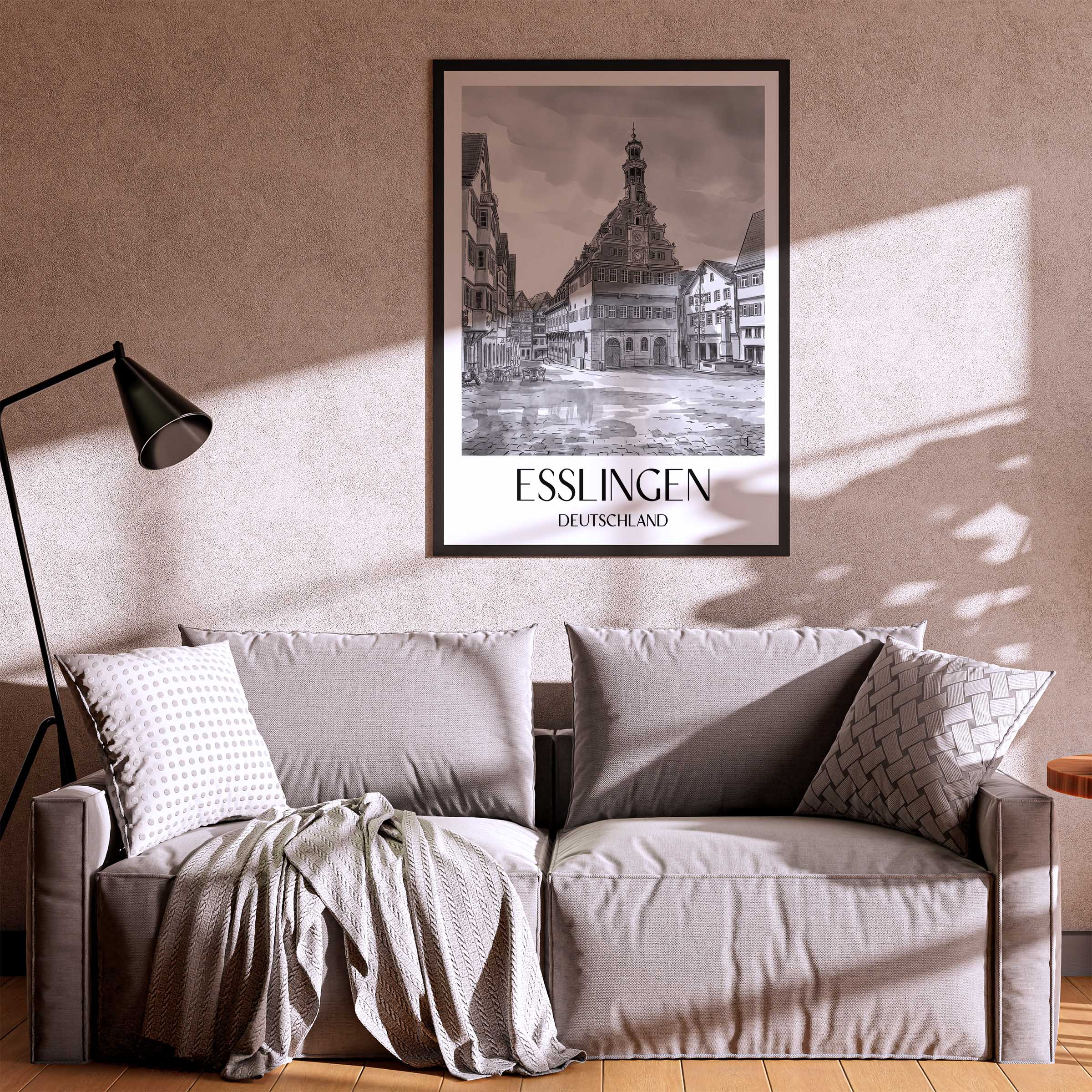 esslingen-deutschland-poster-aquarell-schwarz-weiss