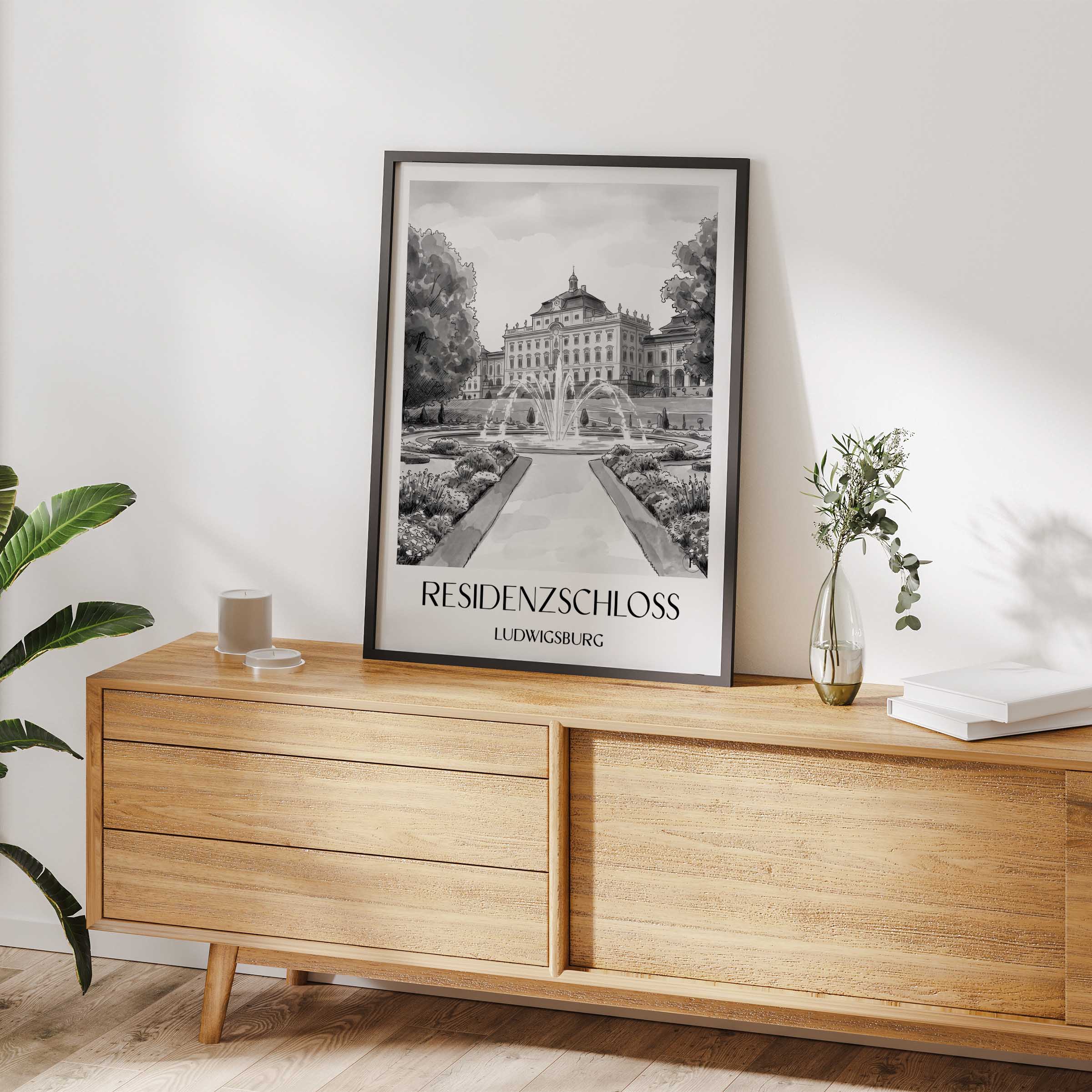 residenzschloss-ludwigsburg-deutschland-poster-aquarell-schwarz-weiss