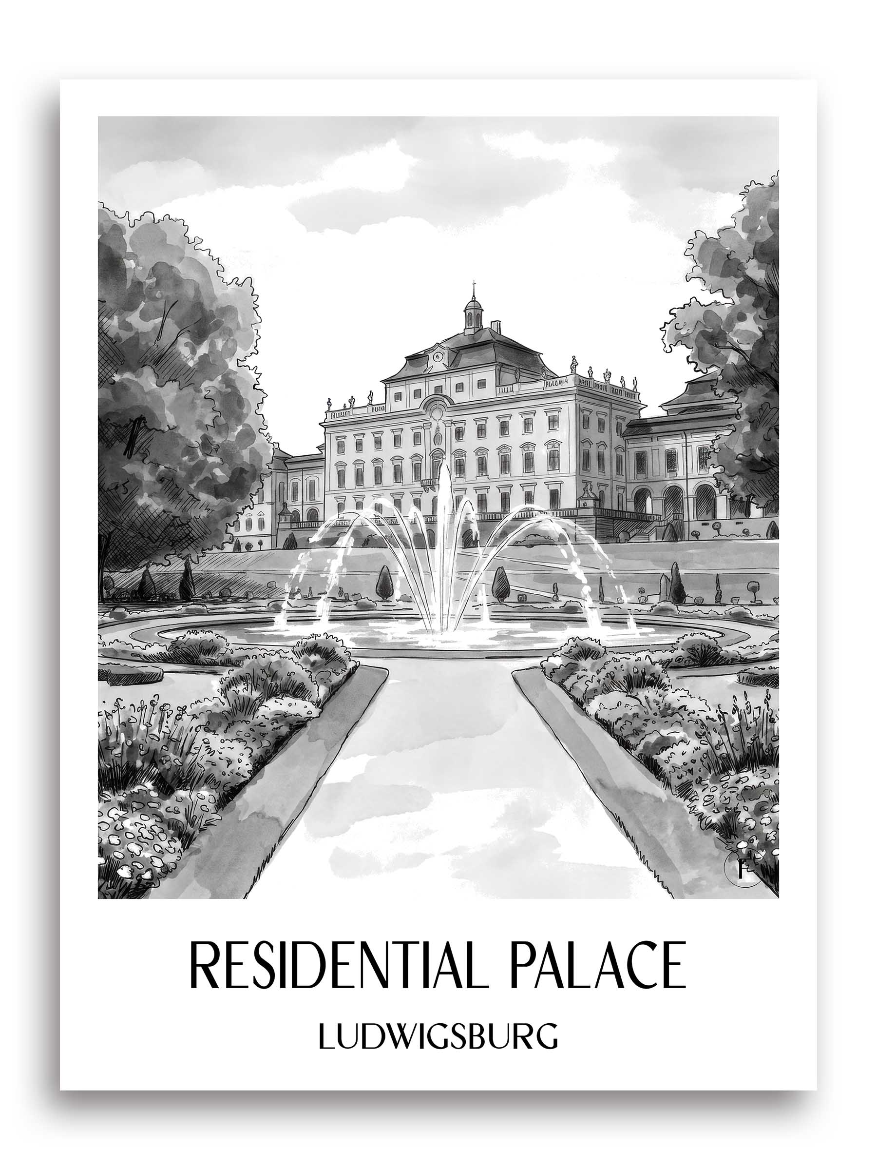 Residenzschloss Poster - Ludwigsburg - Deutschland Kunstdruck - Aquarell Schwarz-Weiß von A4 bis A1