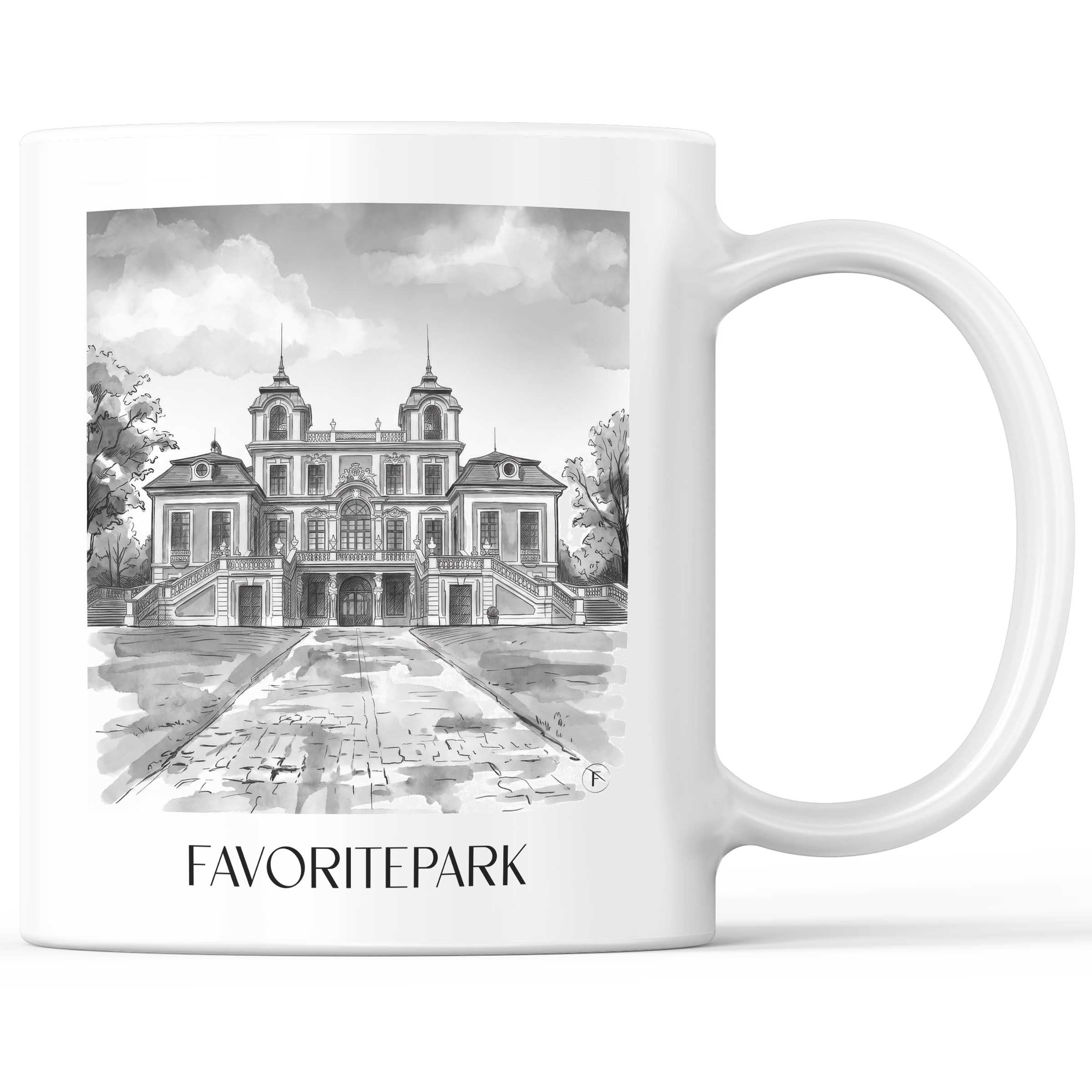 Favoritepark Kaffeebecher - Ludwigsburg - Deutschland Becher - Kaffeetasse im Aquarell Schwarz-Weiß Stil