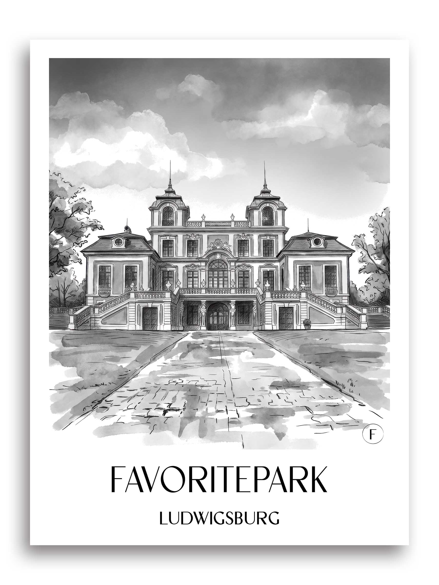 favoritepark-ludwigsburg-deutschland-poster-aquarell-schwarz-weiss