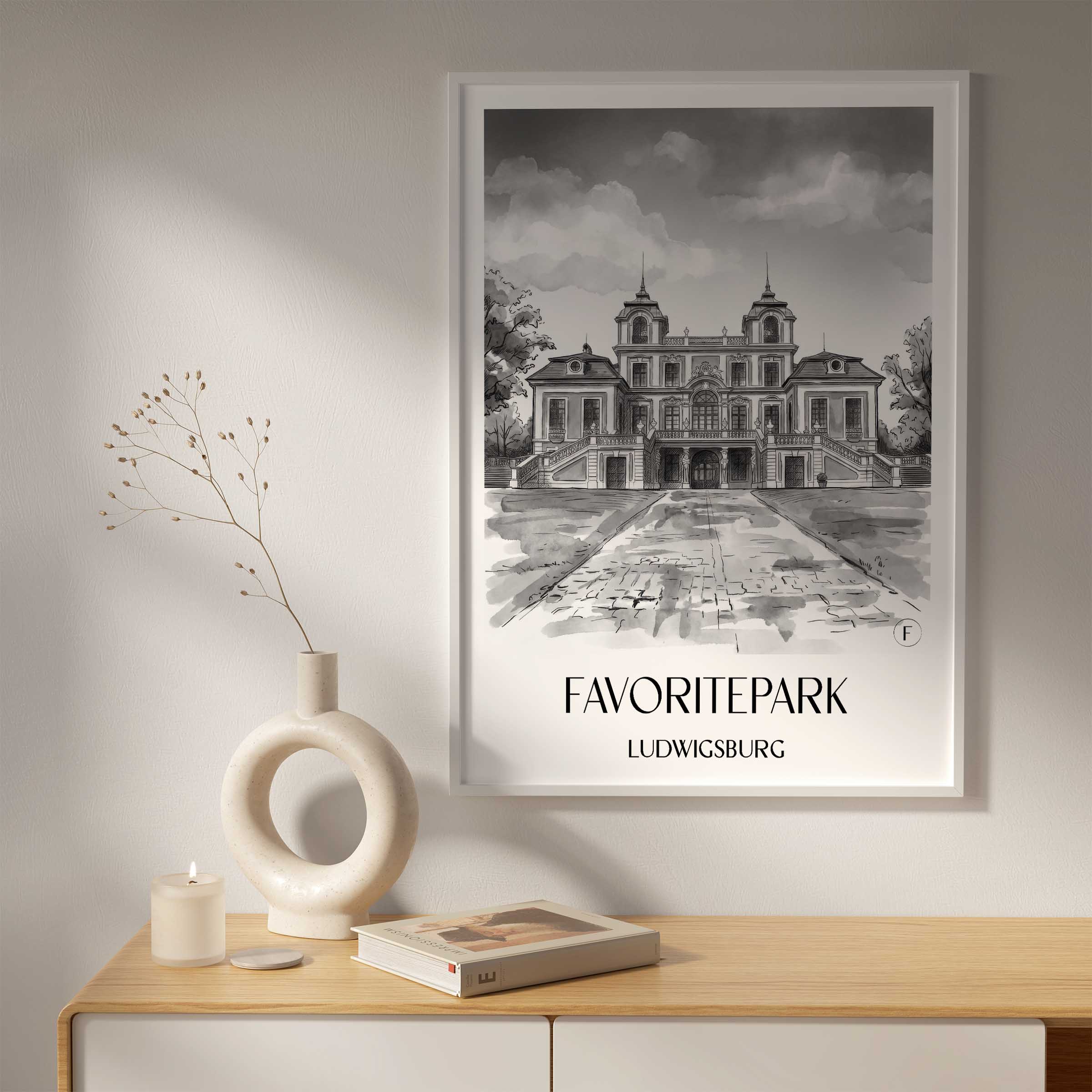 favoritepark-ludwigsburg-deutschland-poster-aquarell-schwarz-weiss