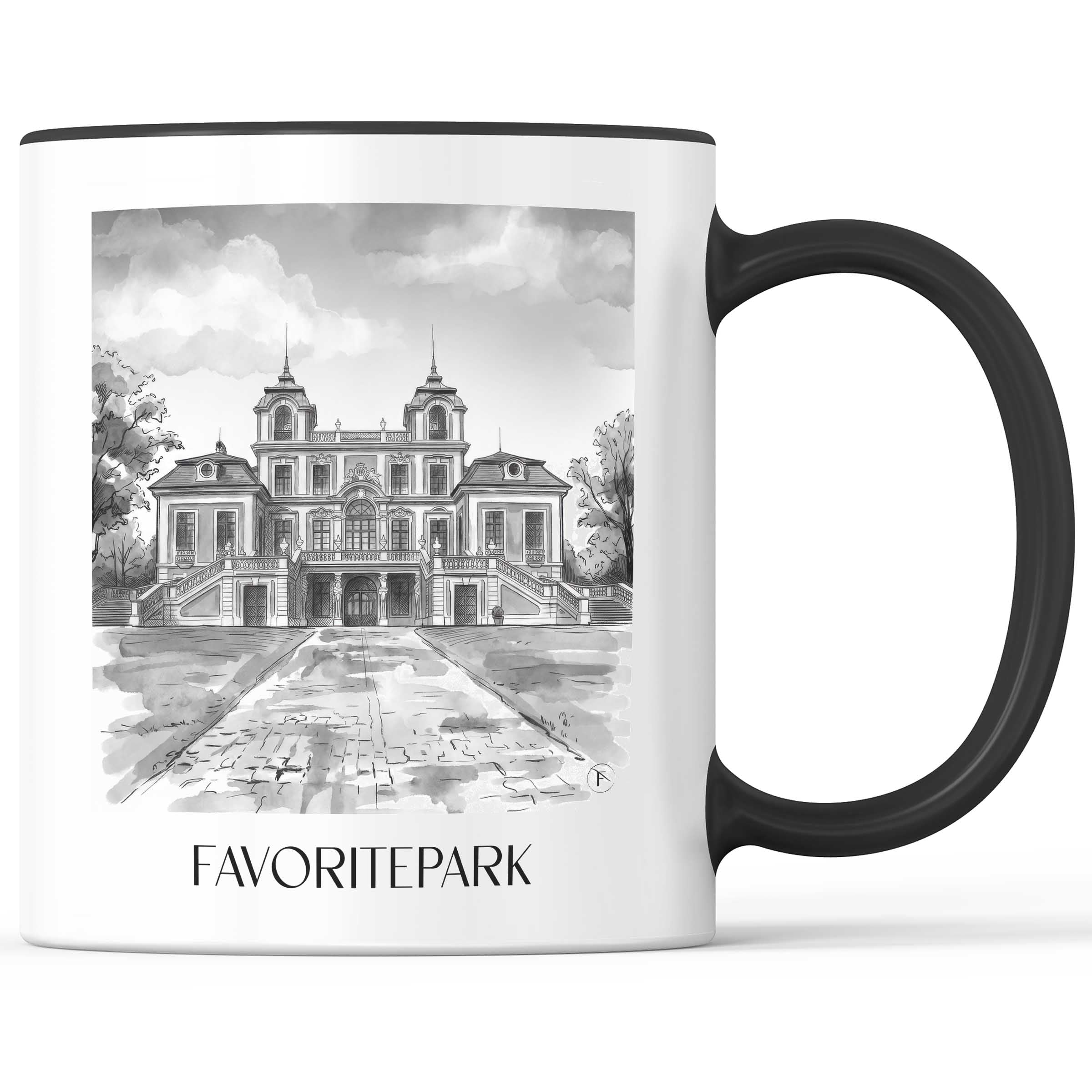 Favoritepark Kaffeebecher - Ludwigsburg - Deutschland Becher - Kaffeetasse im Aquarell Schwarz-Weiß Stil