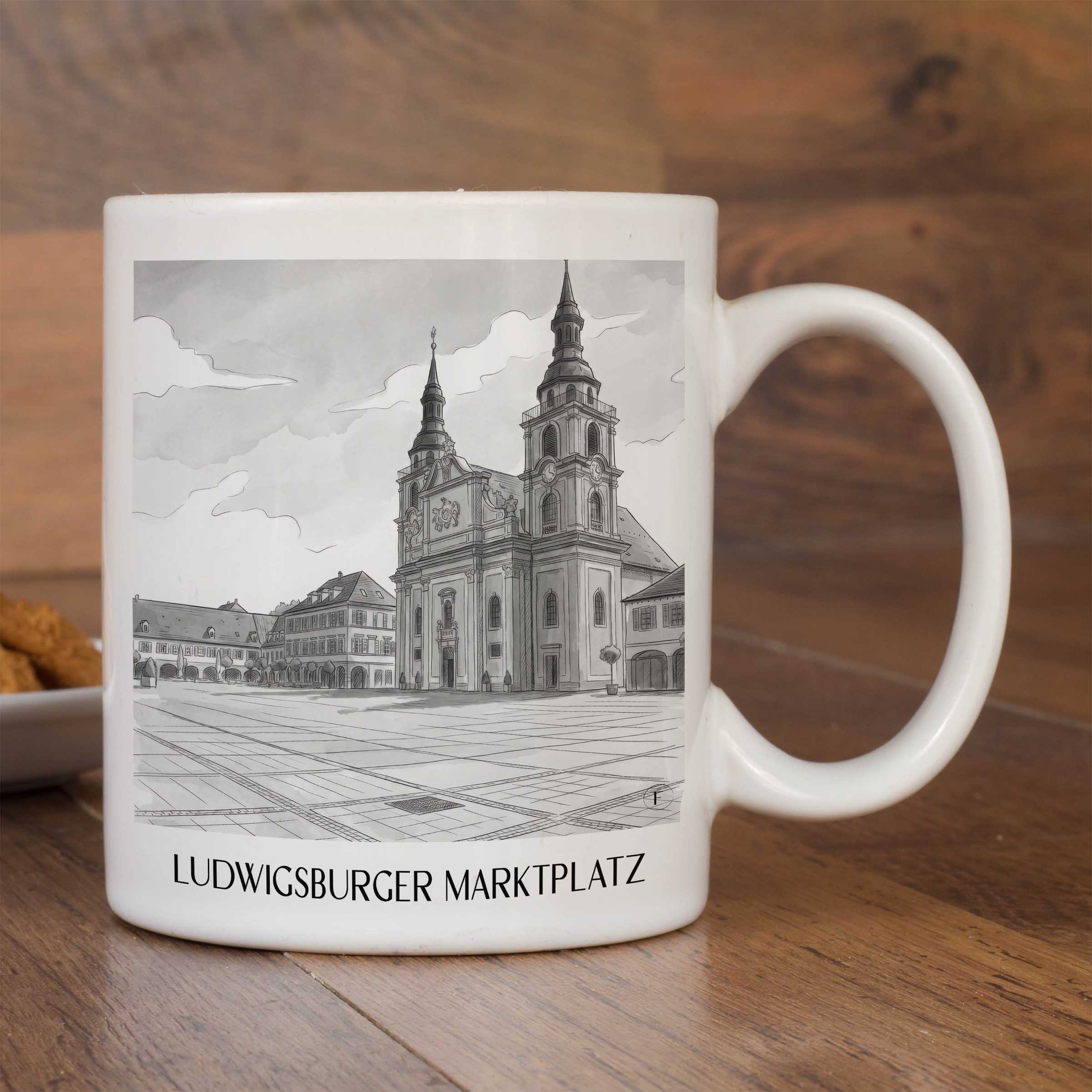 marktplatz-ludwigsburg-deutschland-kaffeebecher-aquarell-schwarz-weiss