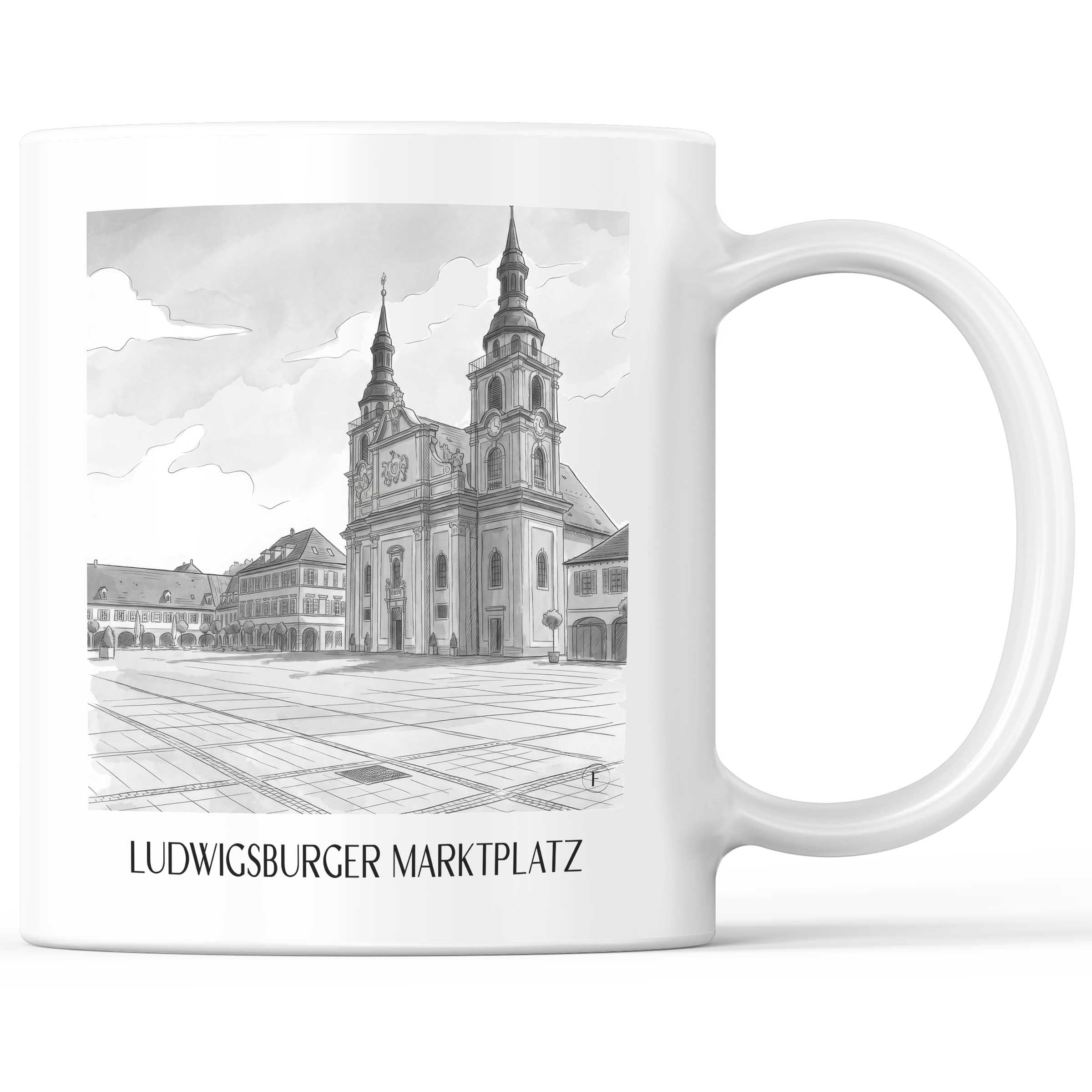 Marktplatz Kaffeebecher - Ludwigsburg - Deutschland Becher - Kaffeetasse im Aquarell Schwarz-Weiß Stil
