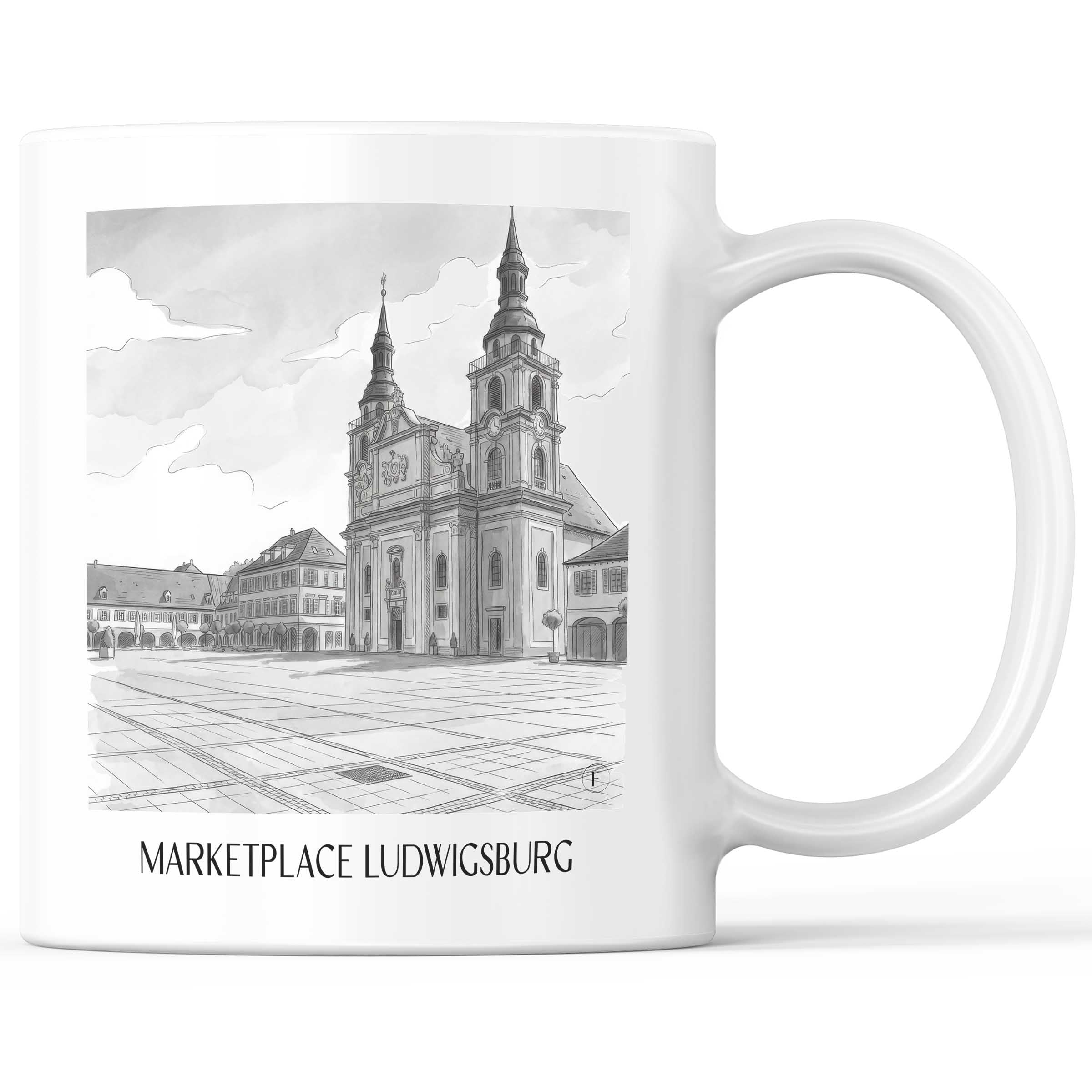 Marktplatz Kaffeebecher - Ludwigsburg - Deutschland Becher - Kaffeetasse im Aquarell Schwarz-Weiß Stil