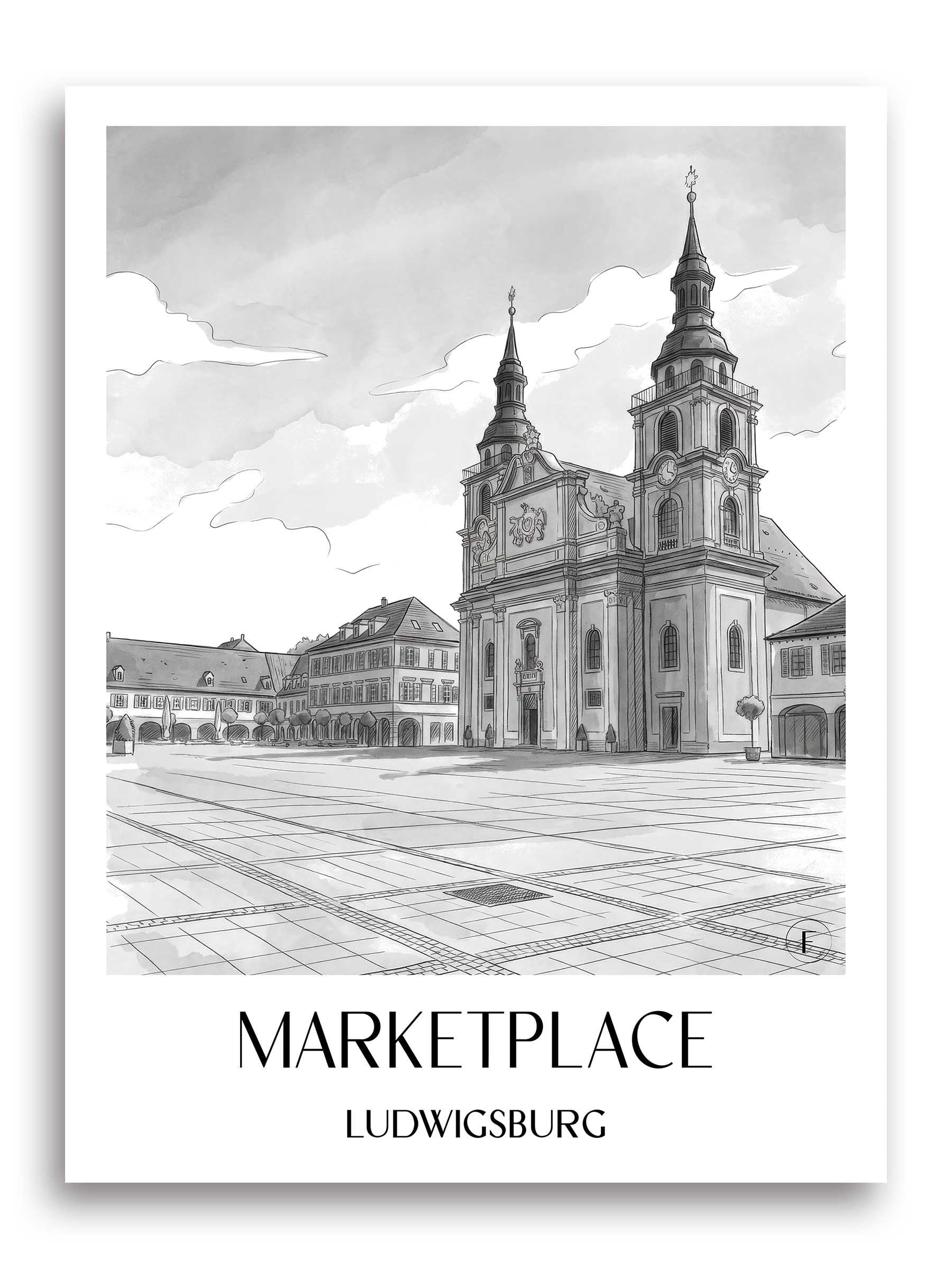 Marktplatz Poster - Ludwigsburg - Deutschland Kunstdruck - Aquarell Schwarz-Weiß von A4 bis A1