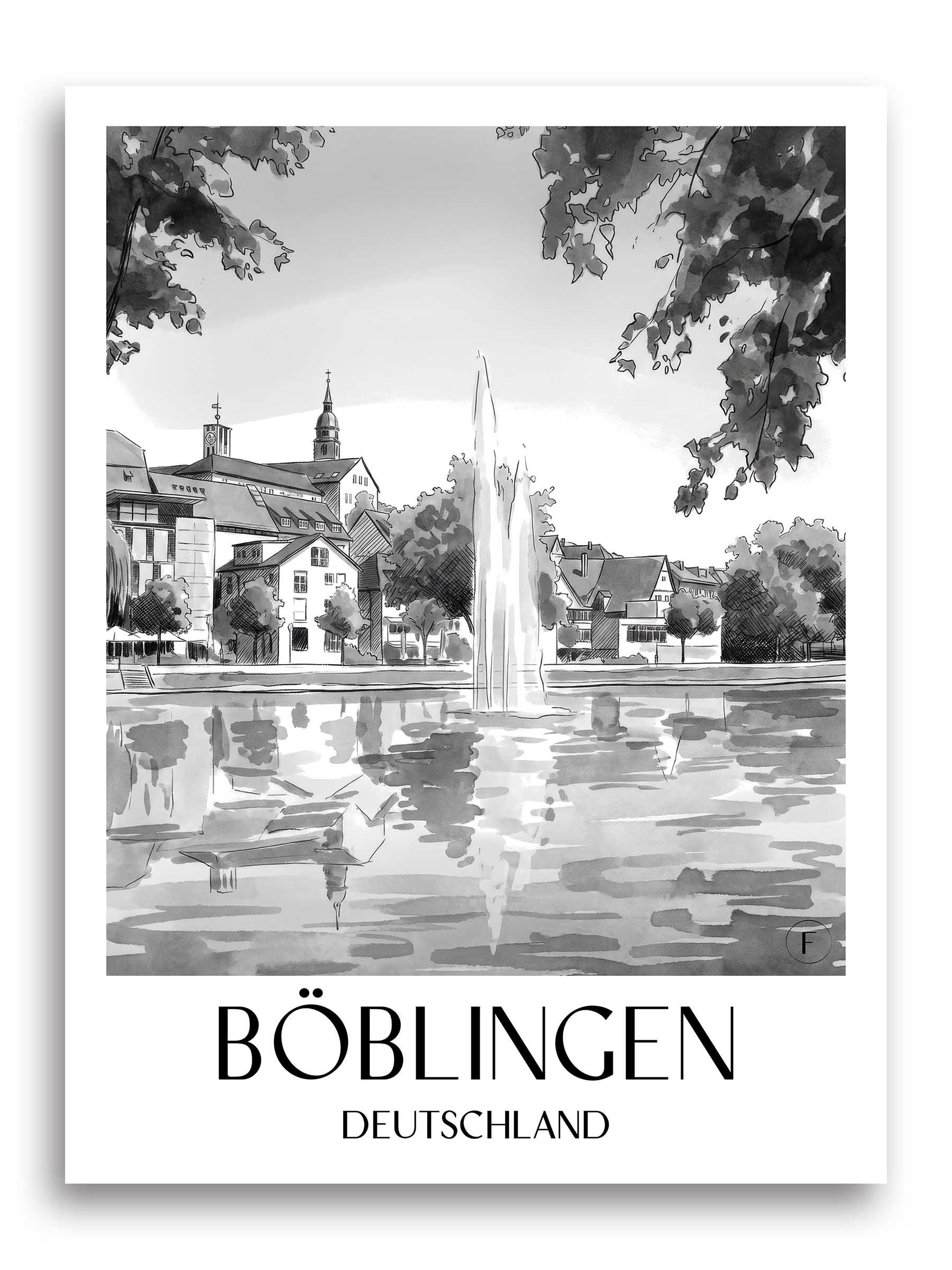 böblingen-deutschland-poster-aquarell-schwarz-weiss