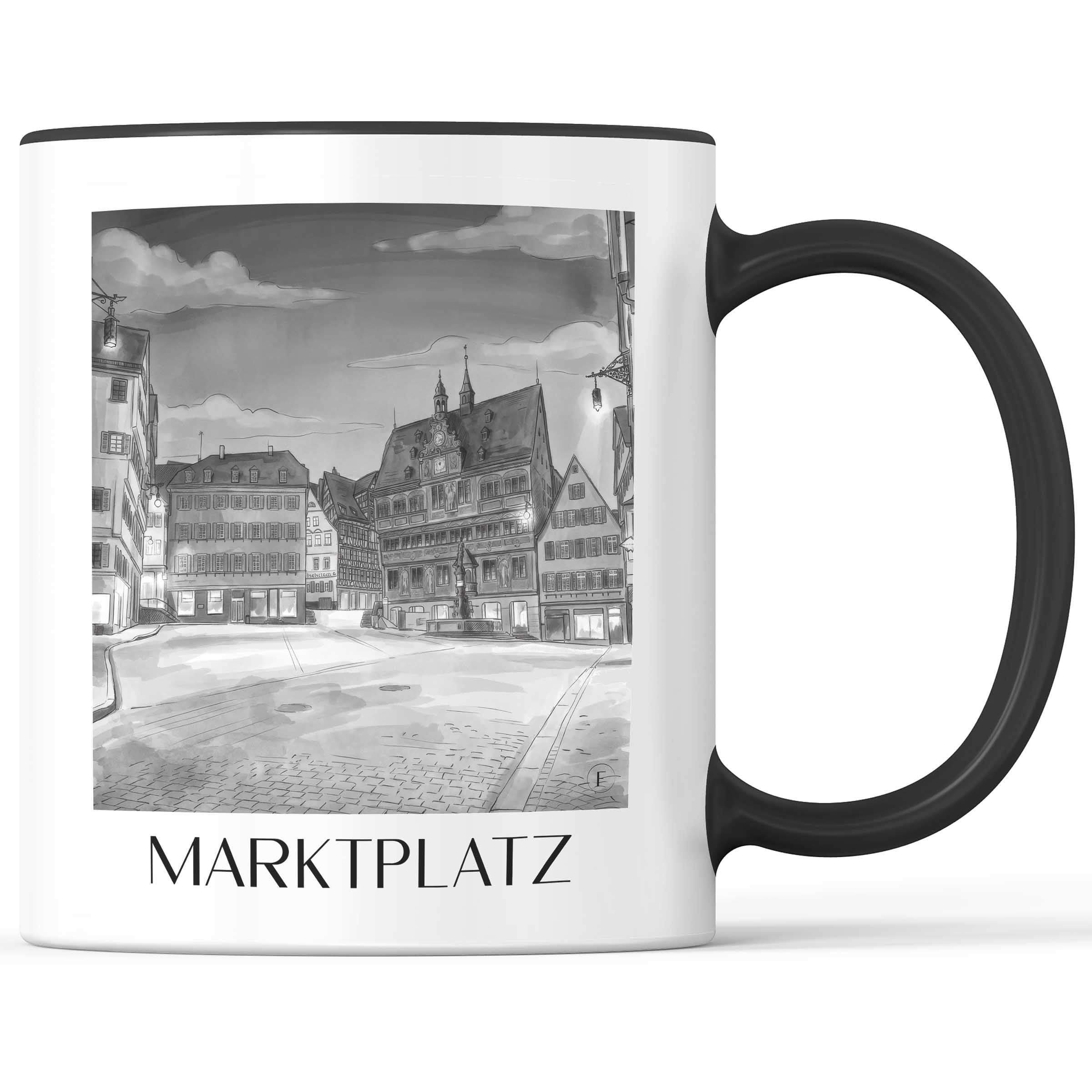 marktplatz-tübingen-deutschland-kaffeebecher-aquarell-schwarz-weiss