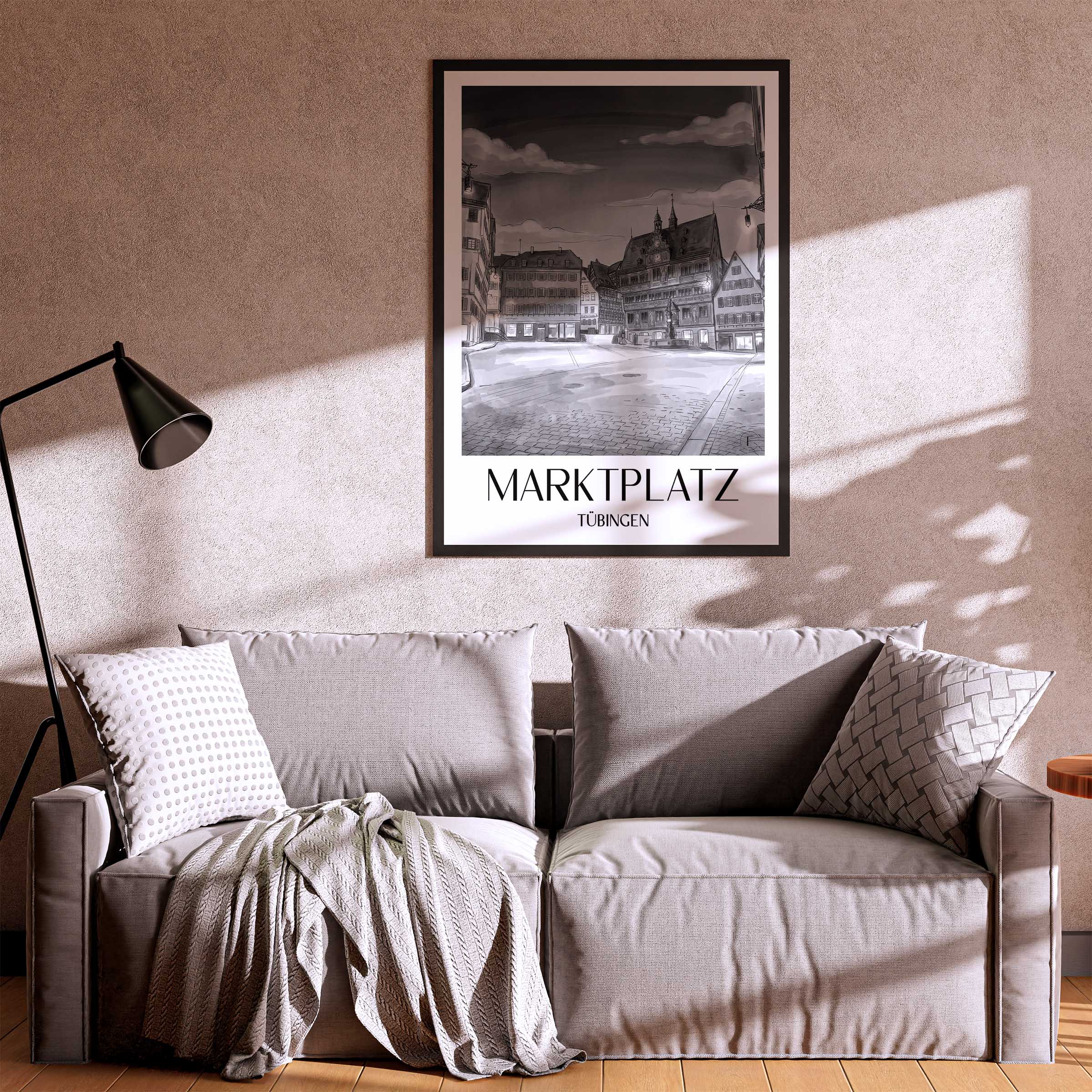 marktplatz-tübingen-deutschland-poster-aquarell-schwarz-weiss