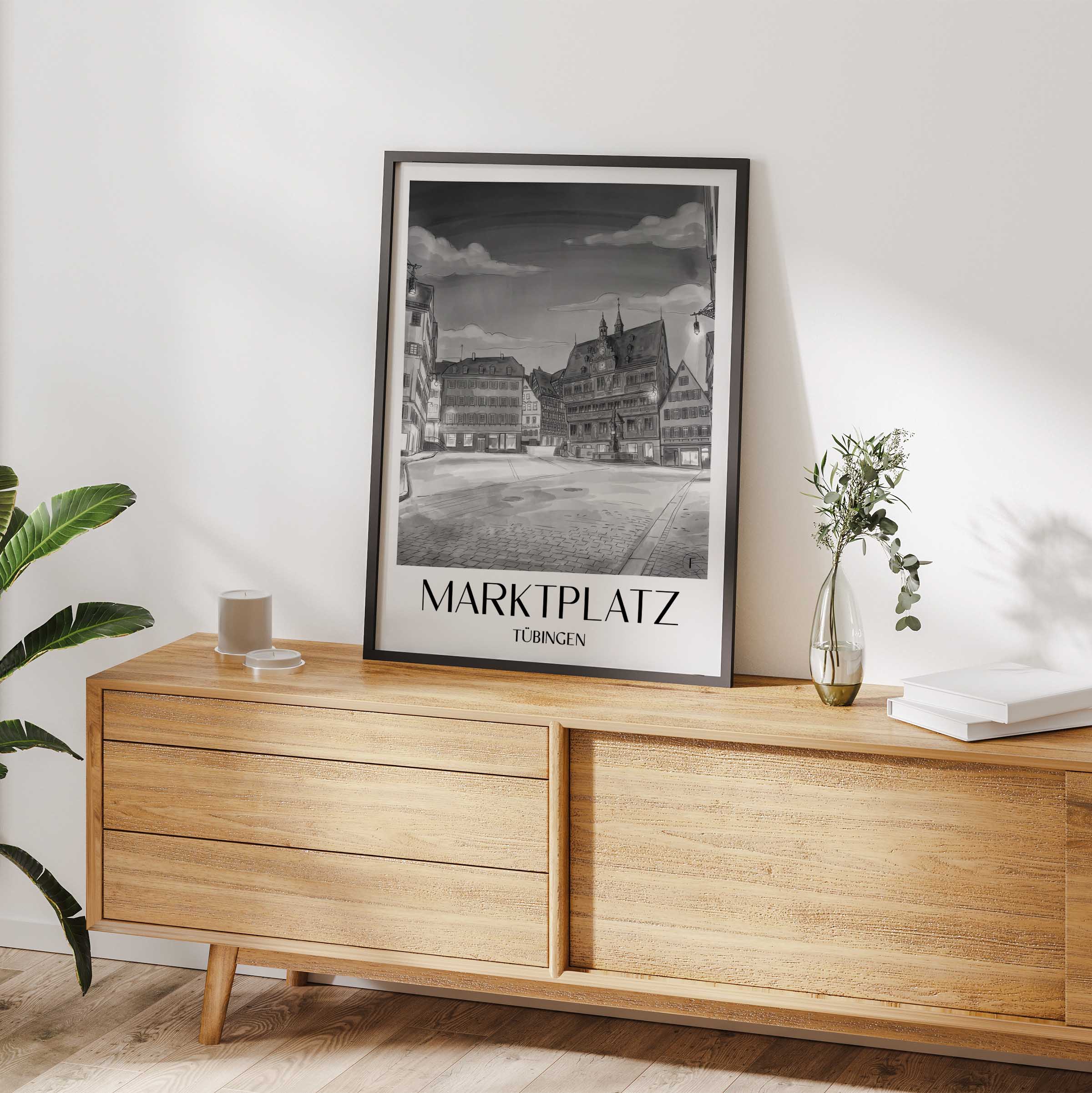 marktplatz-tübingen-deutschland-poster-aquarell-schwarz-weiss