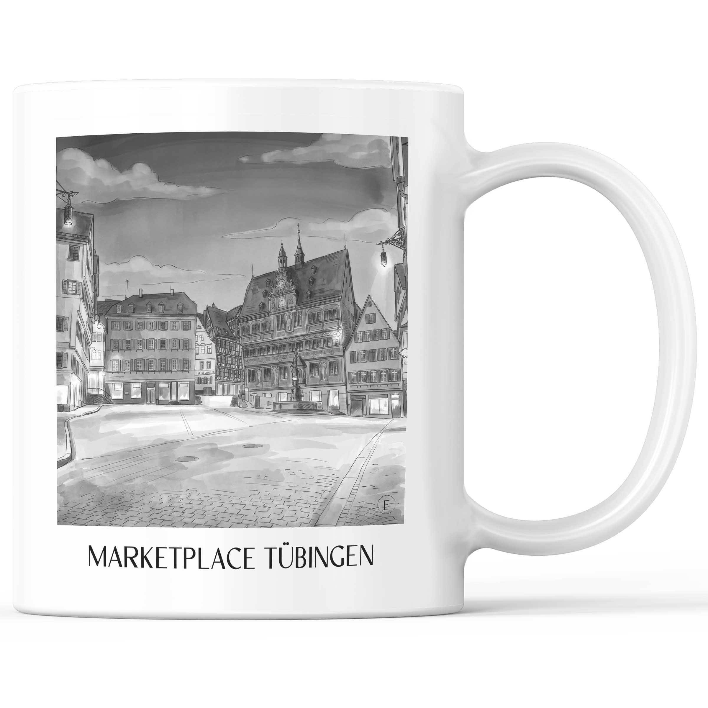 Marktplatz Kaffeebecher - Tübingen - Deutschland Becher - Kaffeetasse im Aquarell Schwarz-Weiß Stil