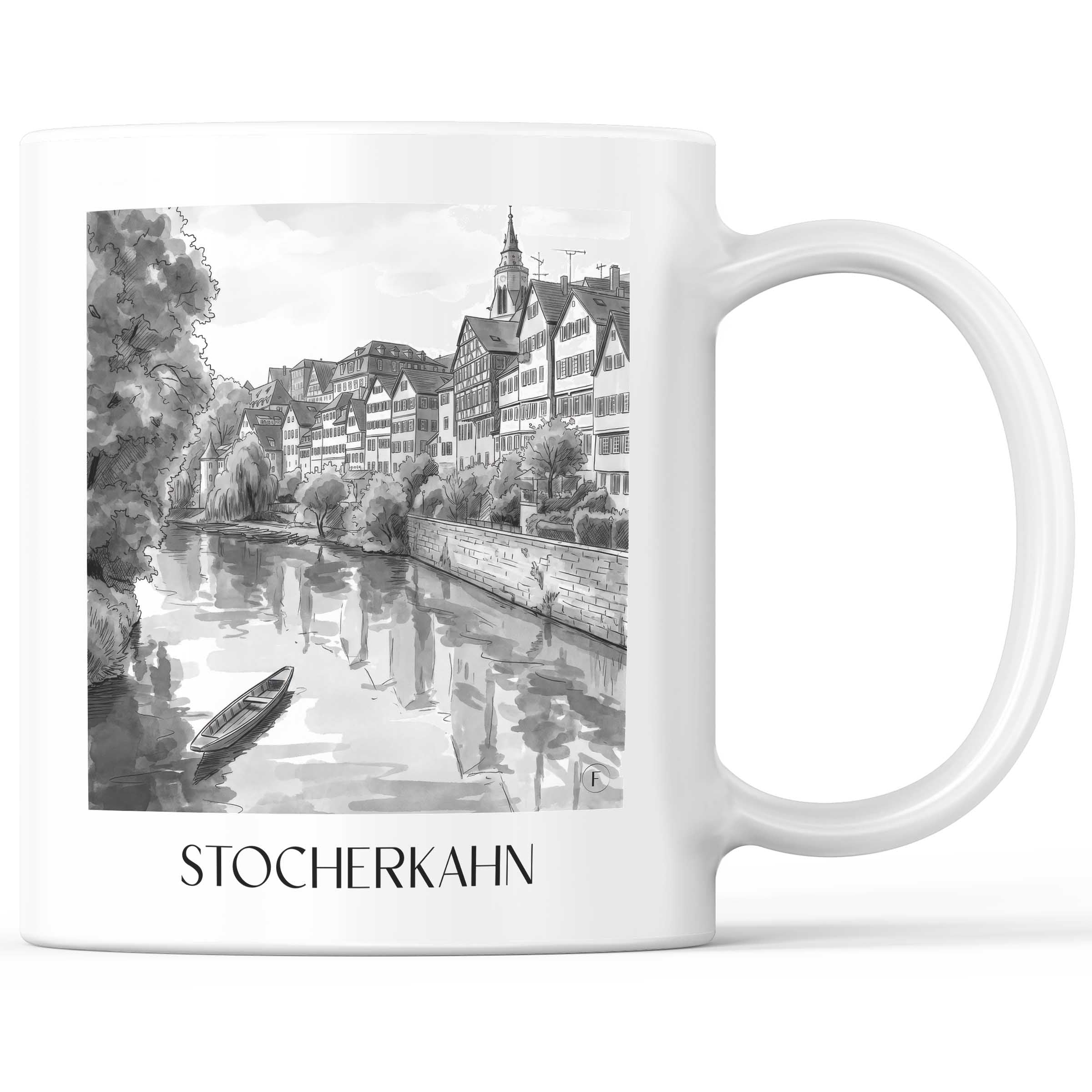 Stocherkahn Kaffeebecher - Tübingen - Deutschland Becher - Kaffeetasse im Aquarell Schwarz-Weiß Stil