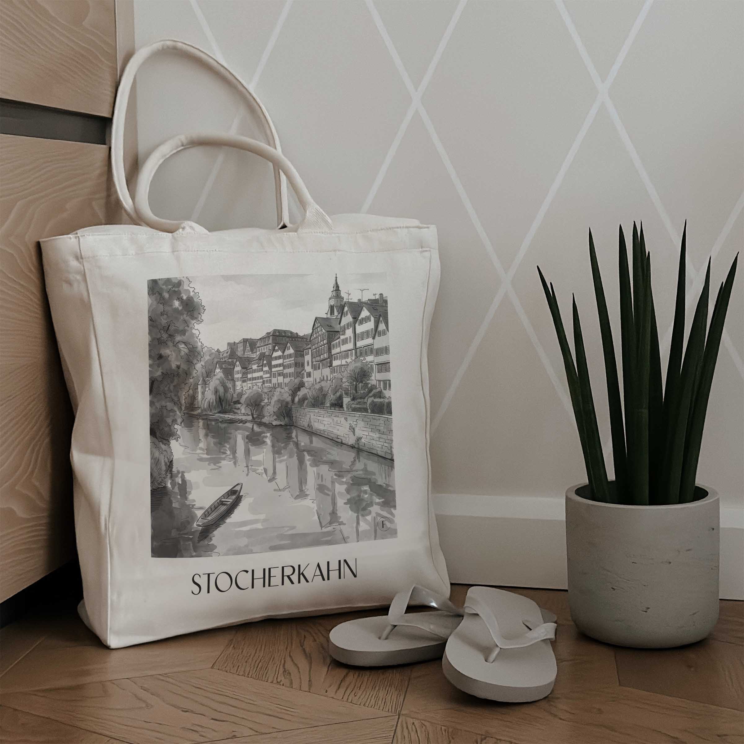 stocherkahn-tübingen-deutschland-einkaufstasche-aquarell-schwarz-weiss