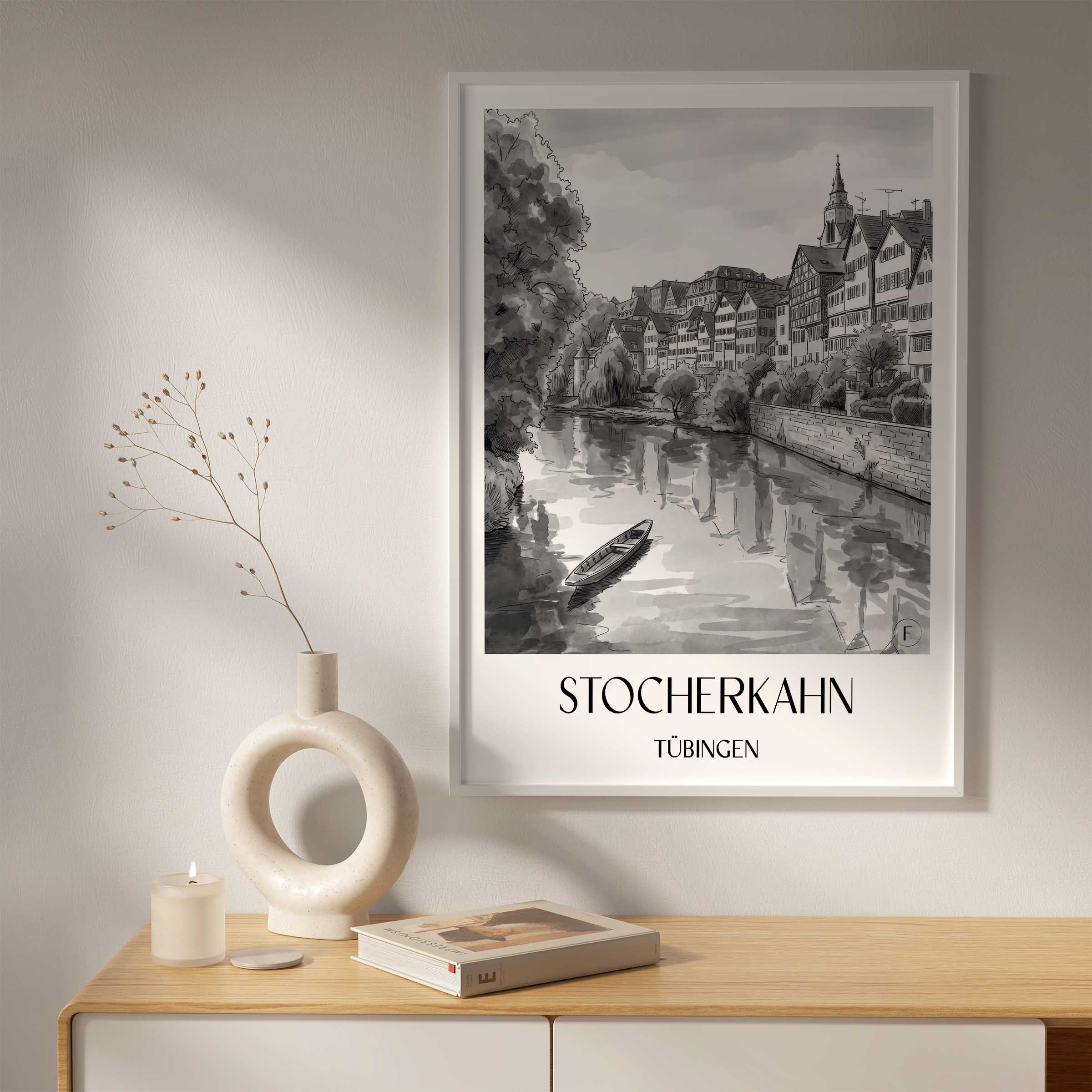stocherkahn-tübingen-deutschland-poster-aquarell-schwarz-weiss