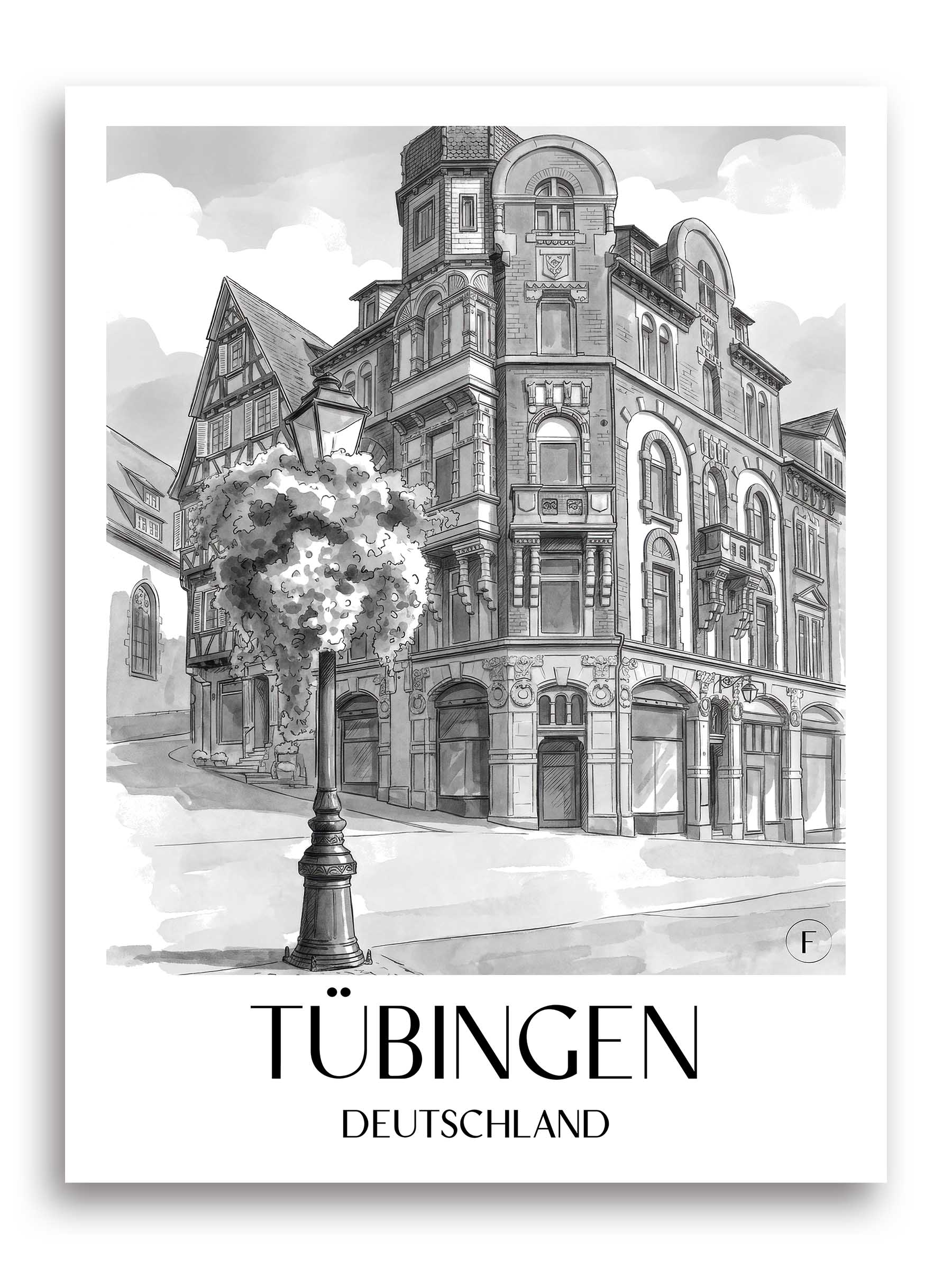 tübingen-deutschland-poster-aquarell-schwarz-weiss