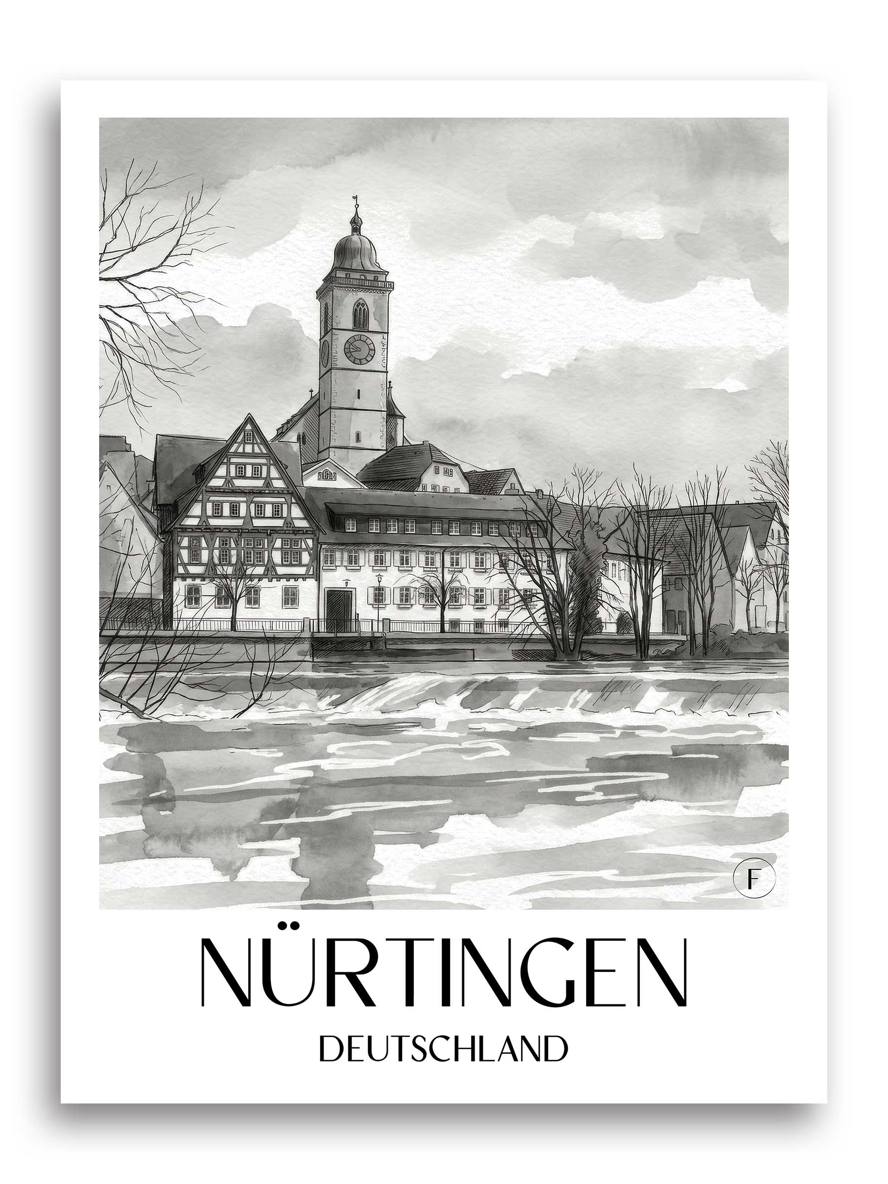 nürtingen-deutschland-poster-aquarell-schwarz-weiss