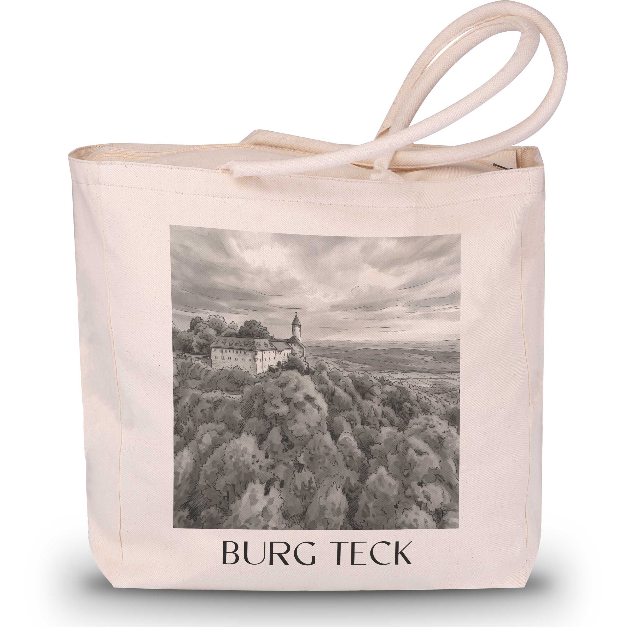 burg-teck-schwäbische-alb-deutschland-einkaufstasche-aquarell-schwarz-weiss