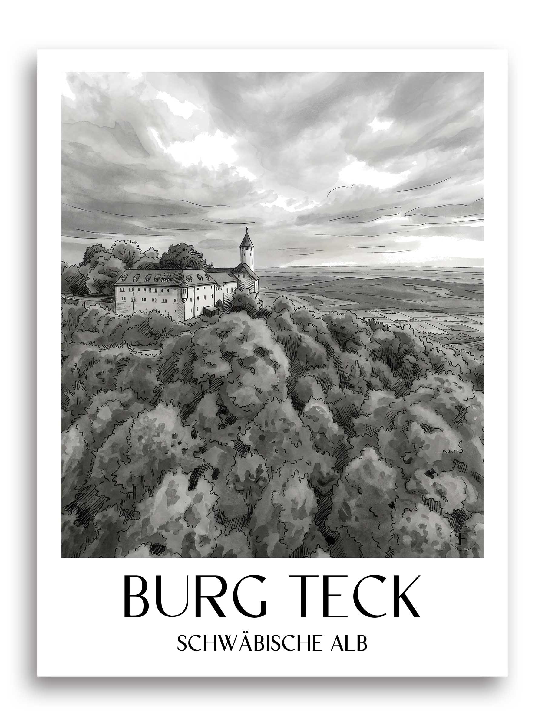 burg-teck-schwäbische-alb-deutschland-poster-aquarell-schwarz-weiss