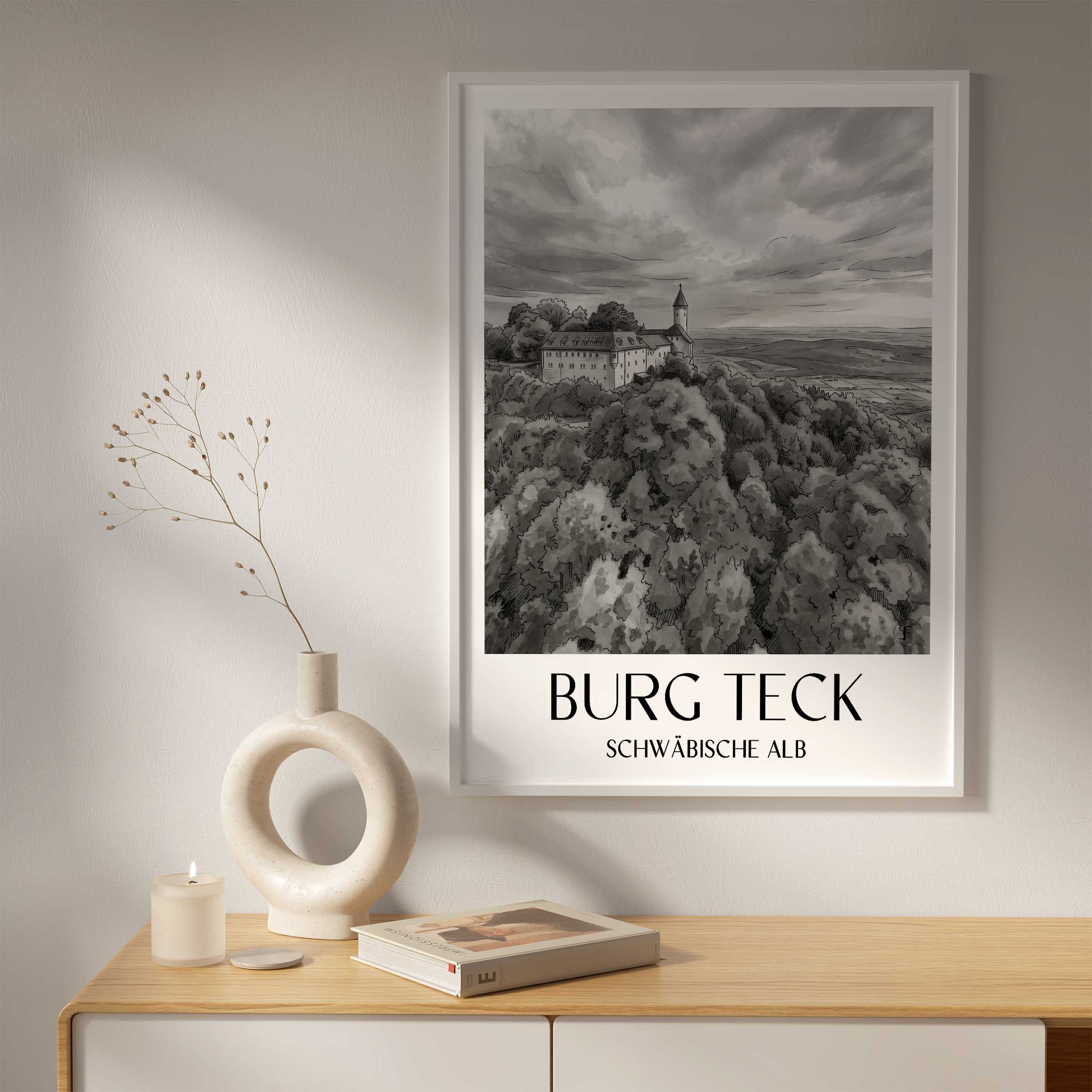 burg-teck-schwäbische-alb-deutschland-poster-aquarell-schwarz-weiss