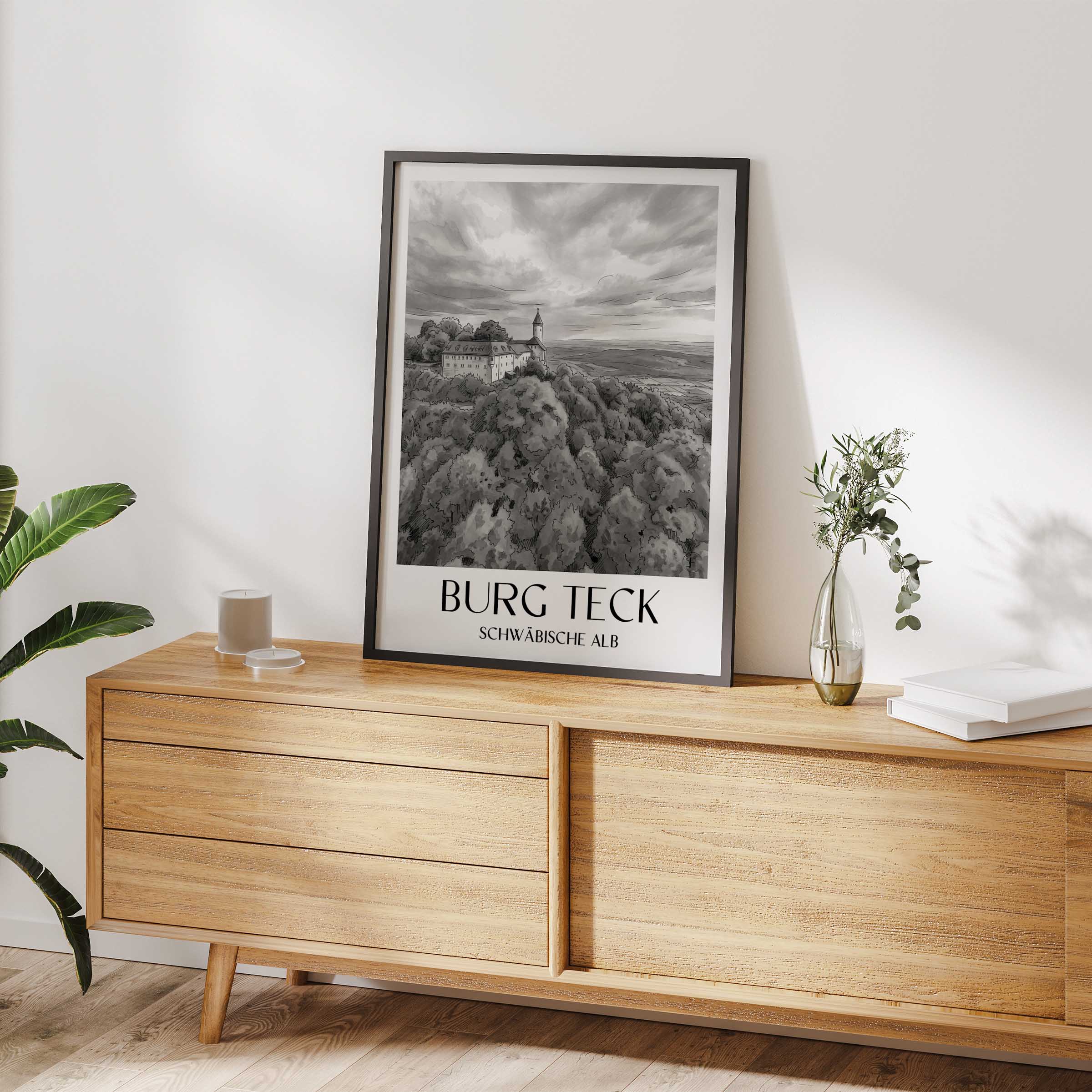 burg-teck-schwäbische-alb-deutschland-poster-aquarell-schwarz-weiss